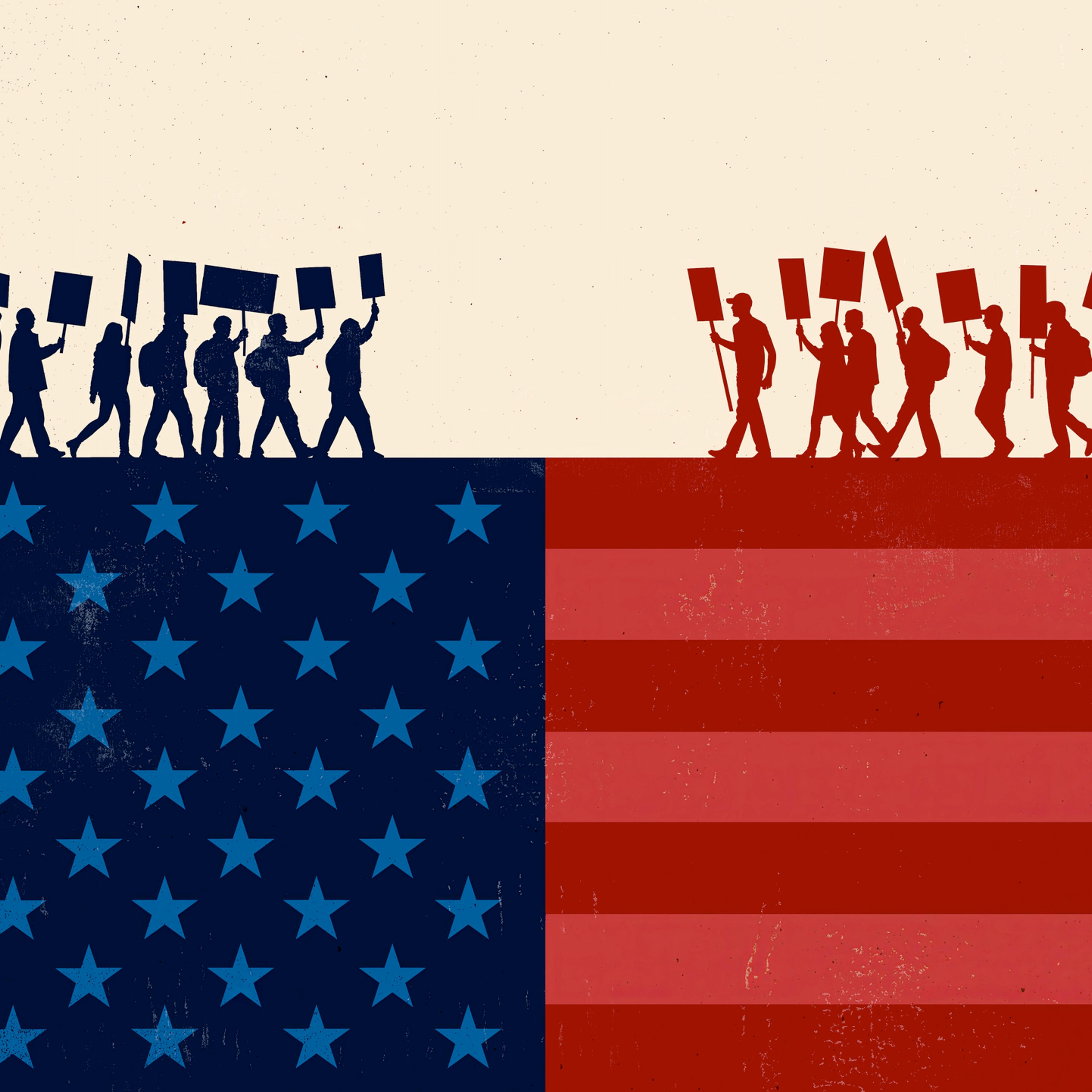 Red and Blue Protesters Marching on United States Flag