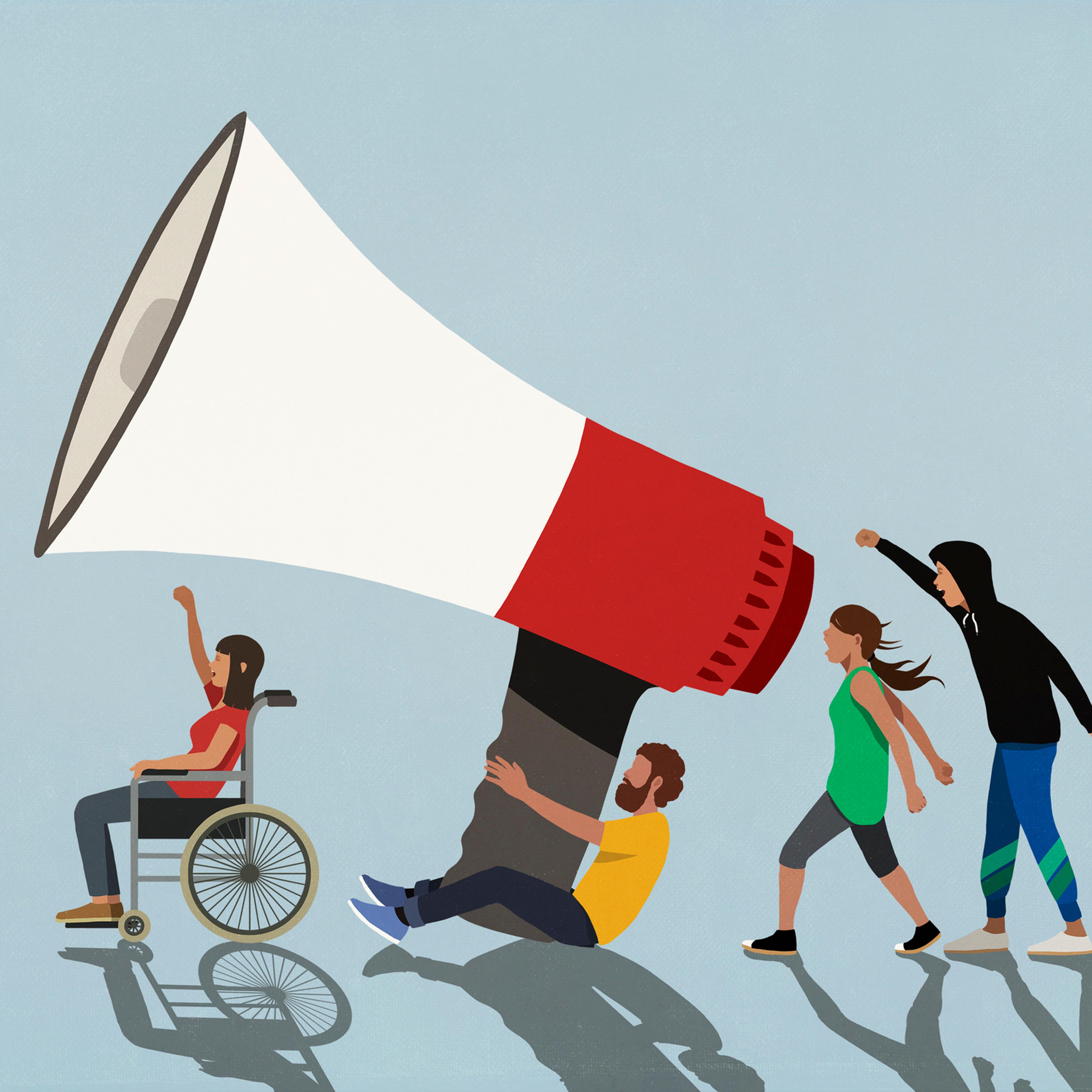 Protesters with large megaphone