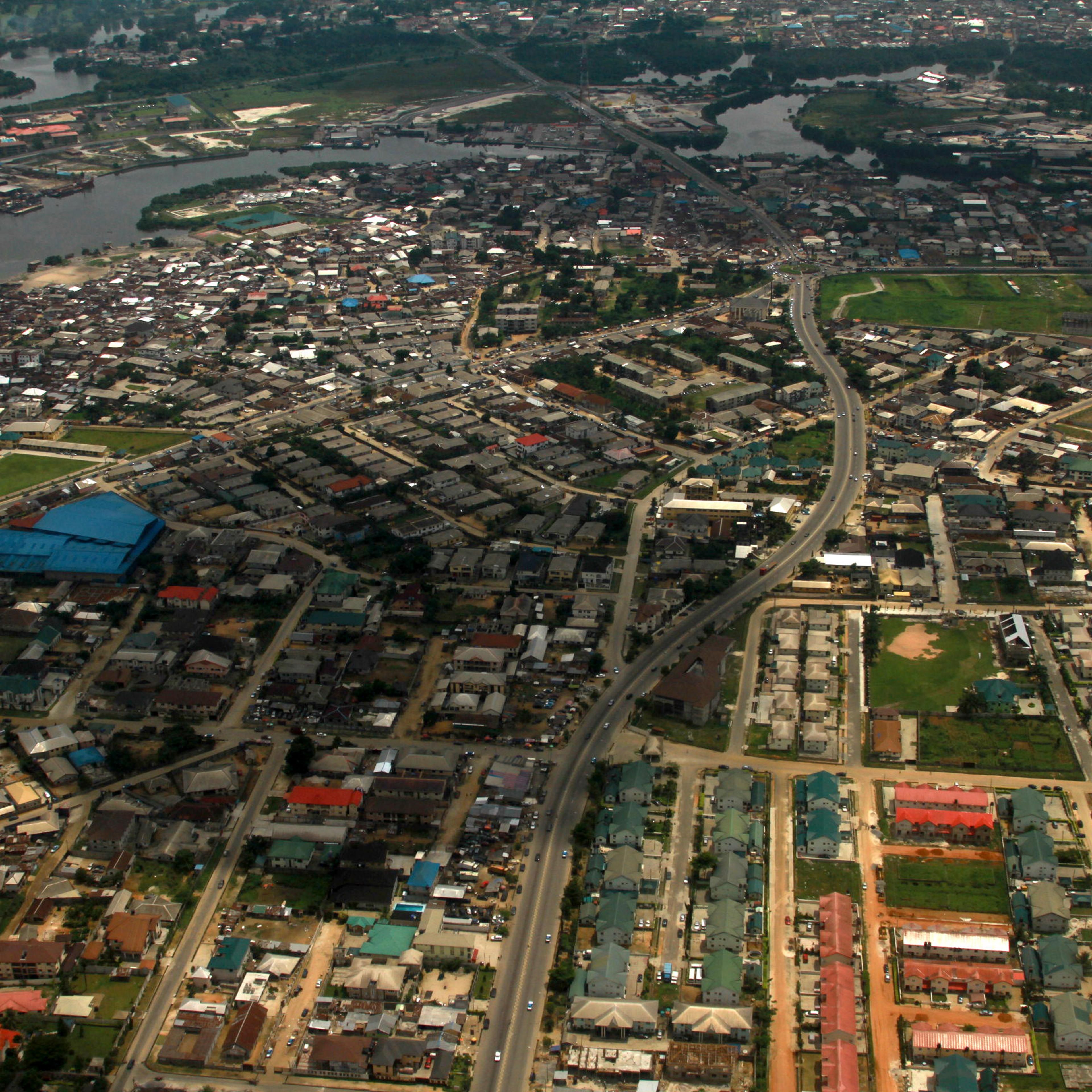 An aerial view of the oil hub city Port Harcourt in Nigeria's Delta region