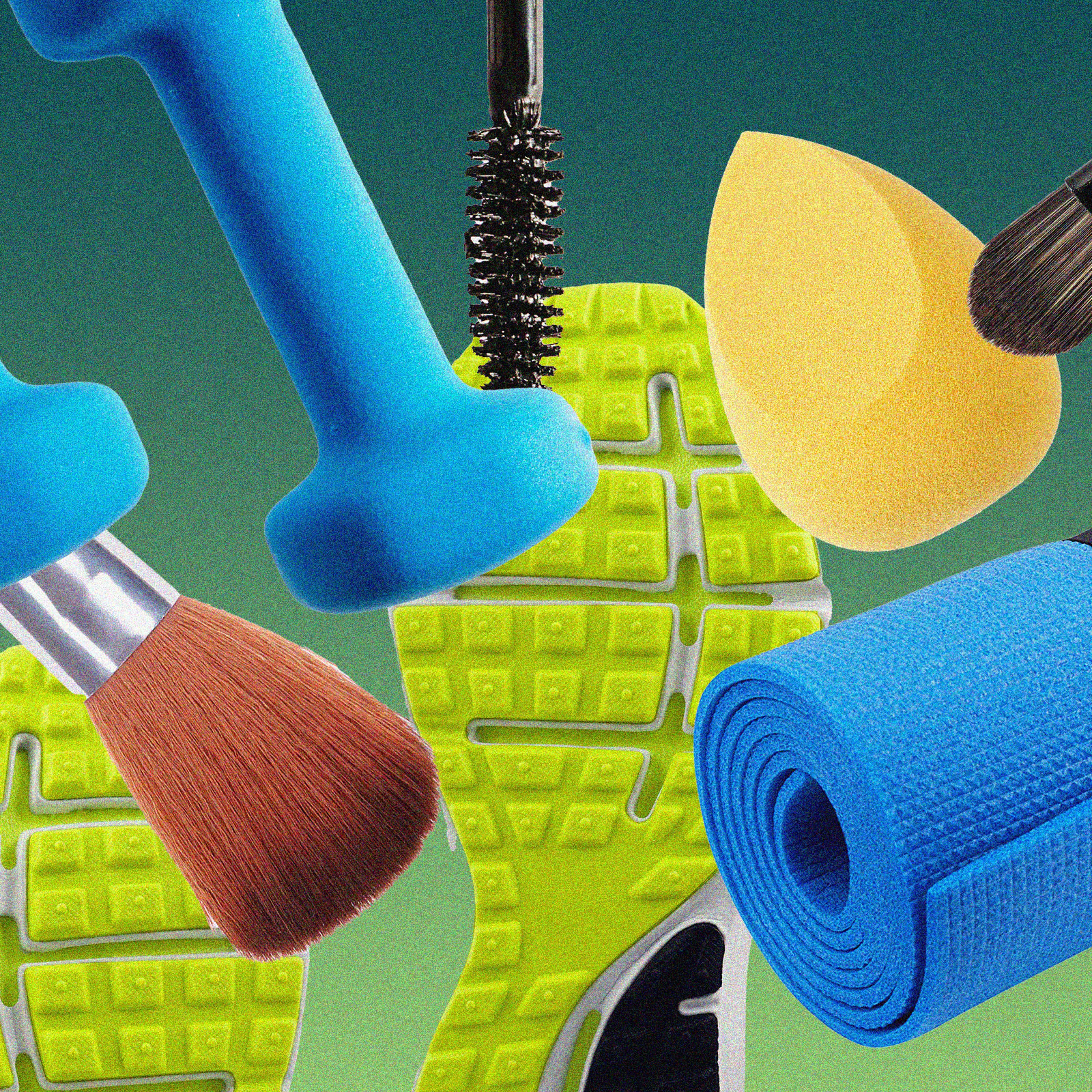 A collage of workout items and makeup items