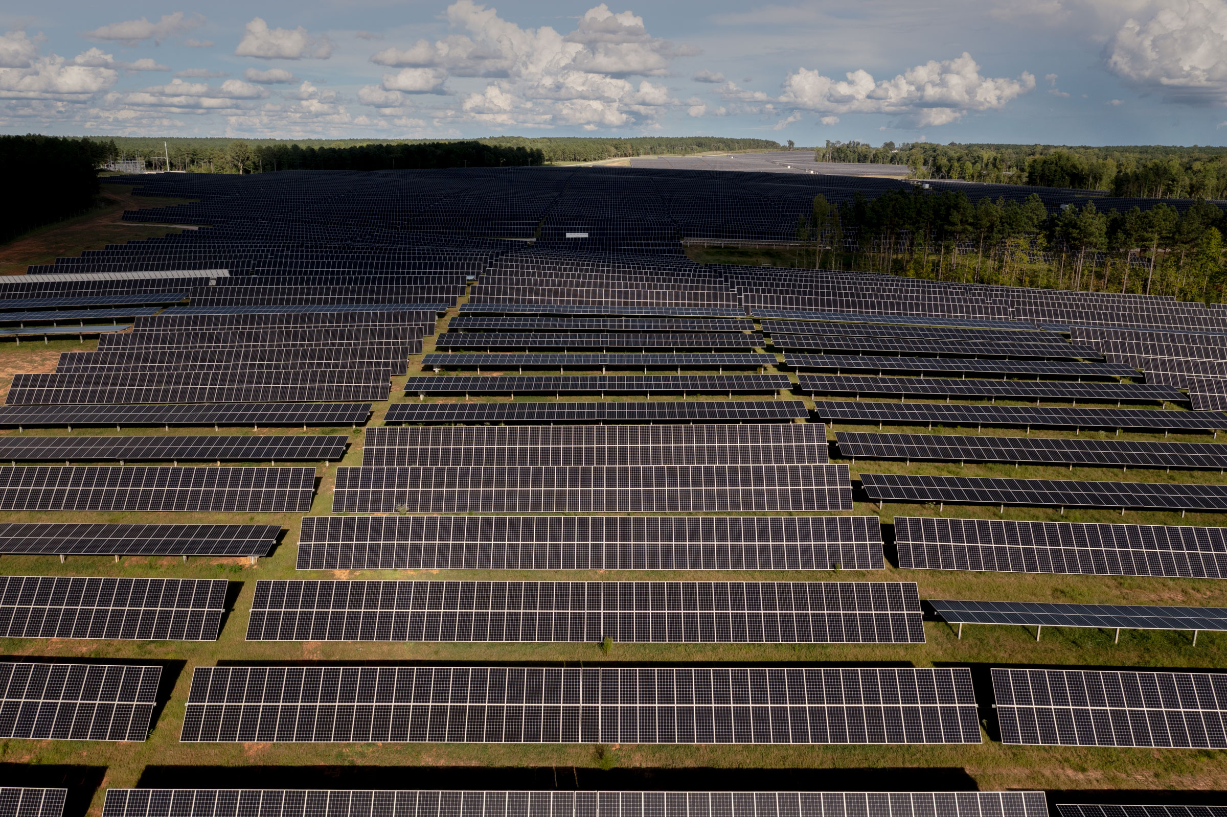 Solar panels line the 526 acre plot at Hawtree Creek in North Carolina, recently acquired by Amazon.