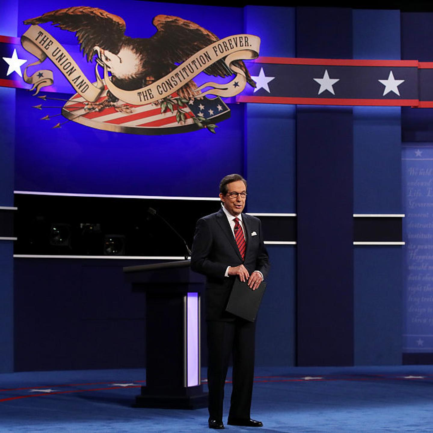 Fox News anchor and moderator Chris Wallace speaks to the guests and attendees during the third U.S. presidential debate