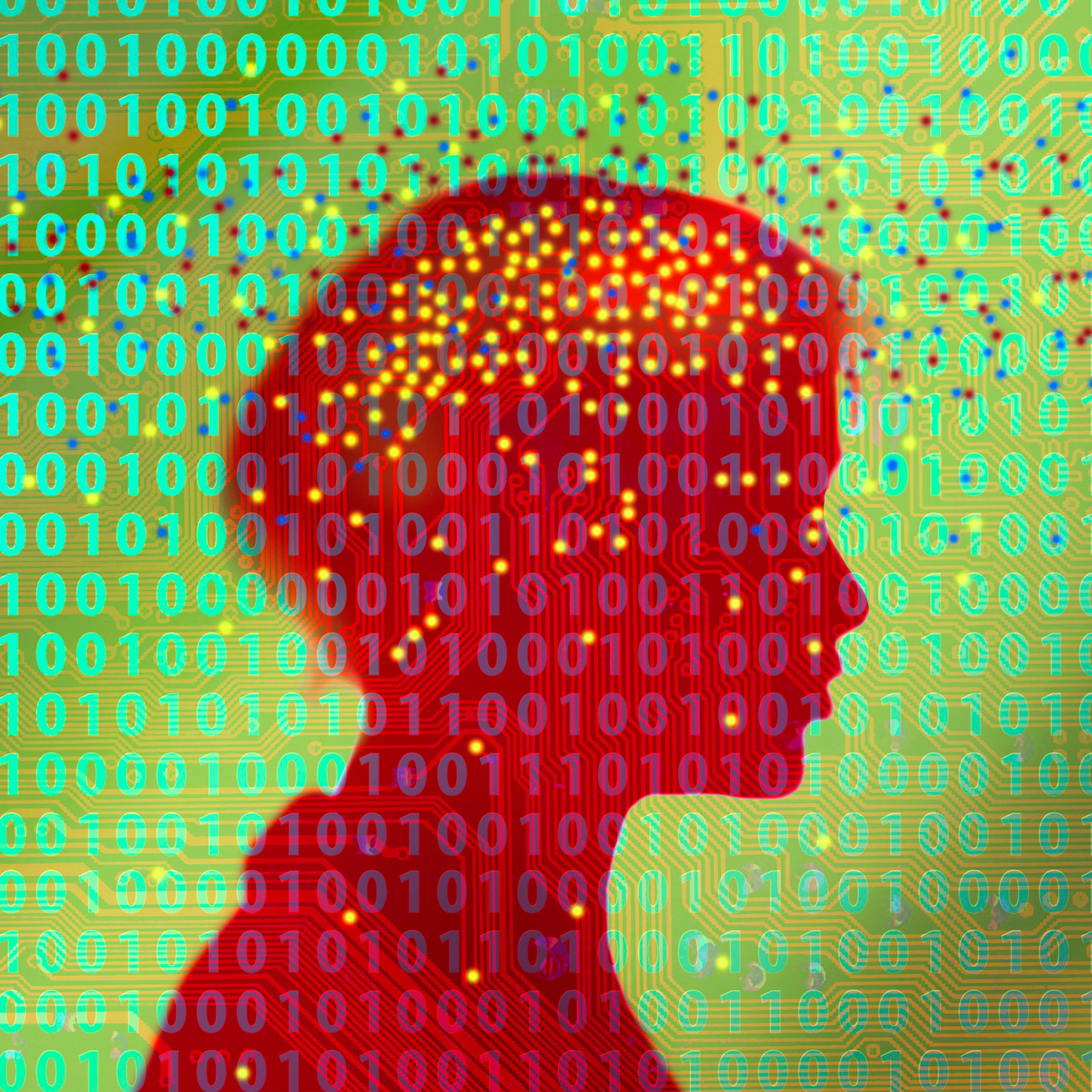 Silhouette of woman against circuit board and binary code