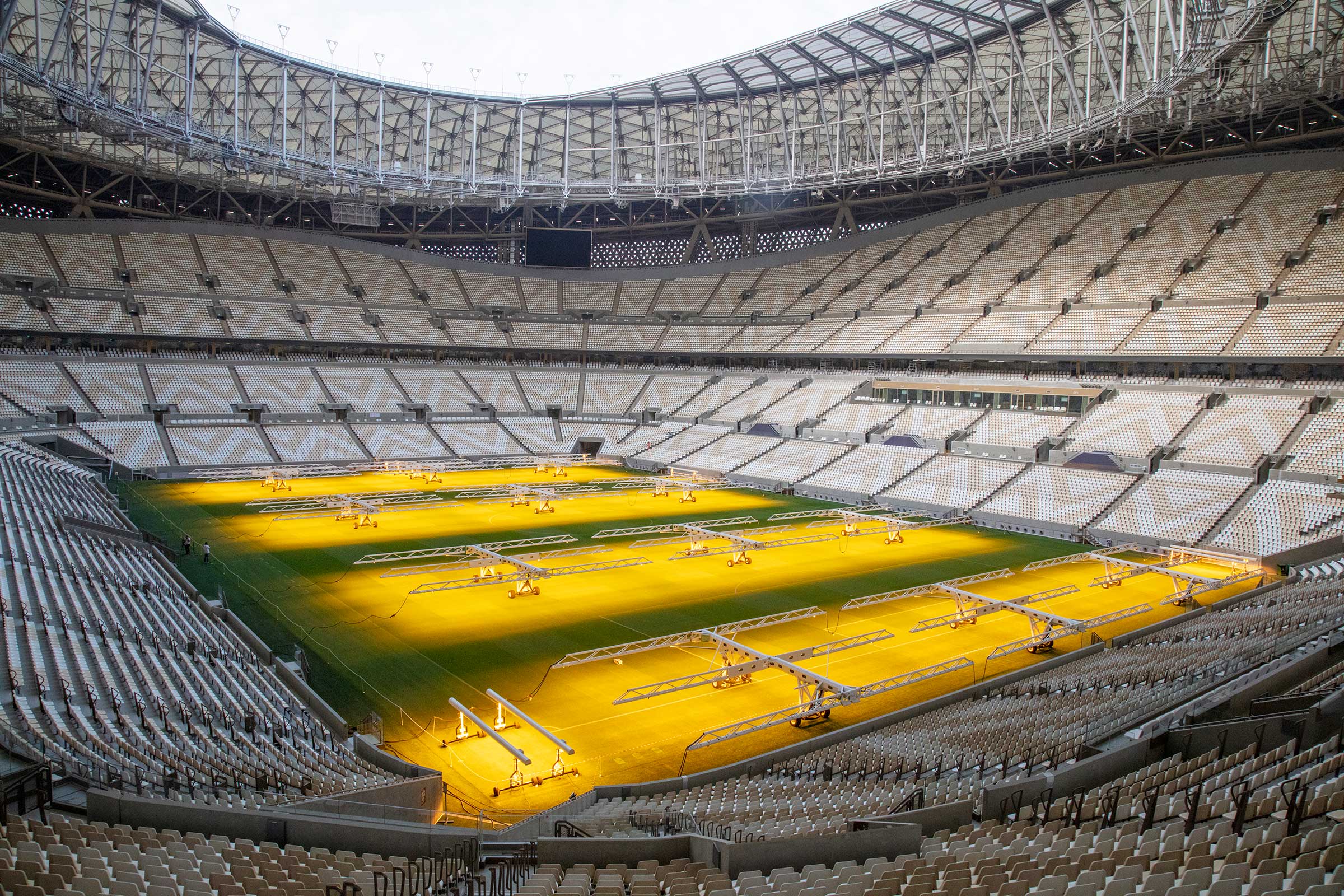 Grow lights speed grass growth at Lusail Stadium, host of the 2022 World Cup Finals.