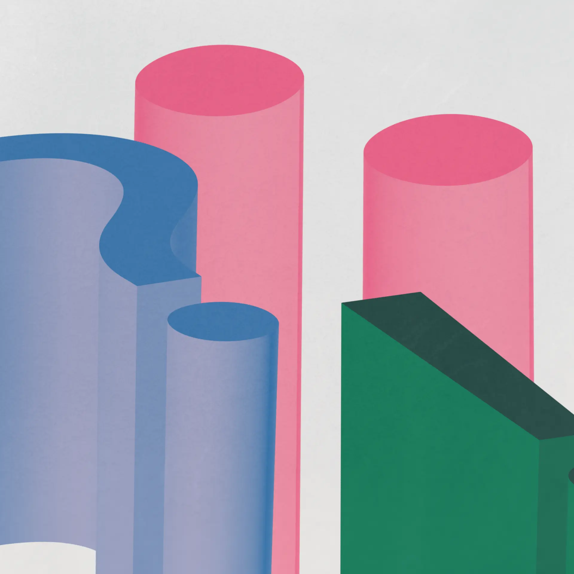 Three dimensional punctuation marks: a question mark, exclamation point, and ellipses