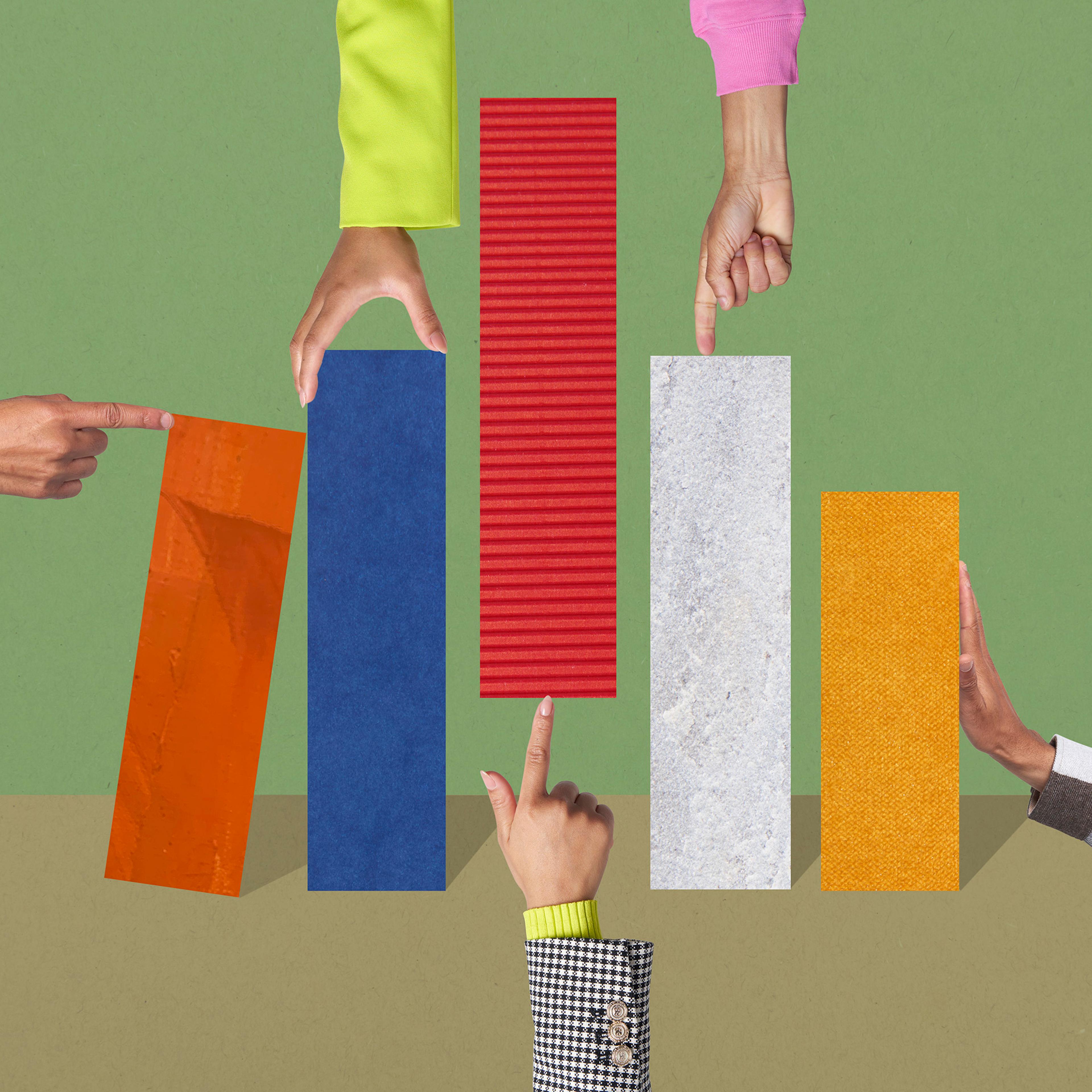 Colourful image of people manipulating columns of a bar graph.