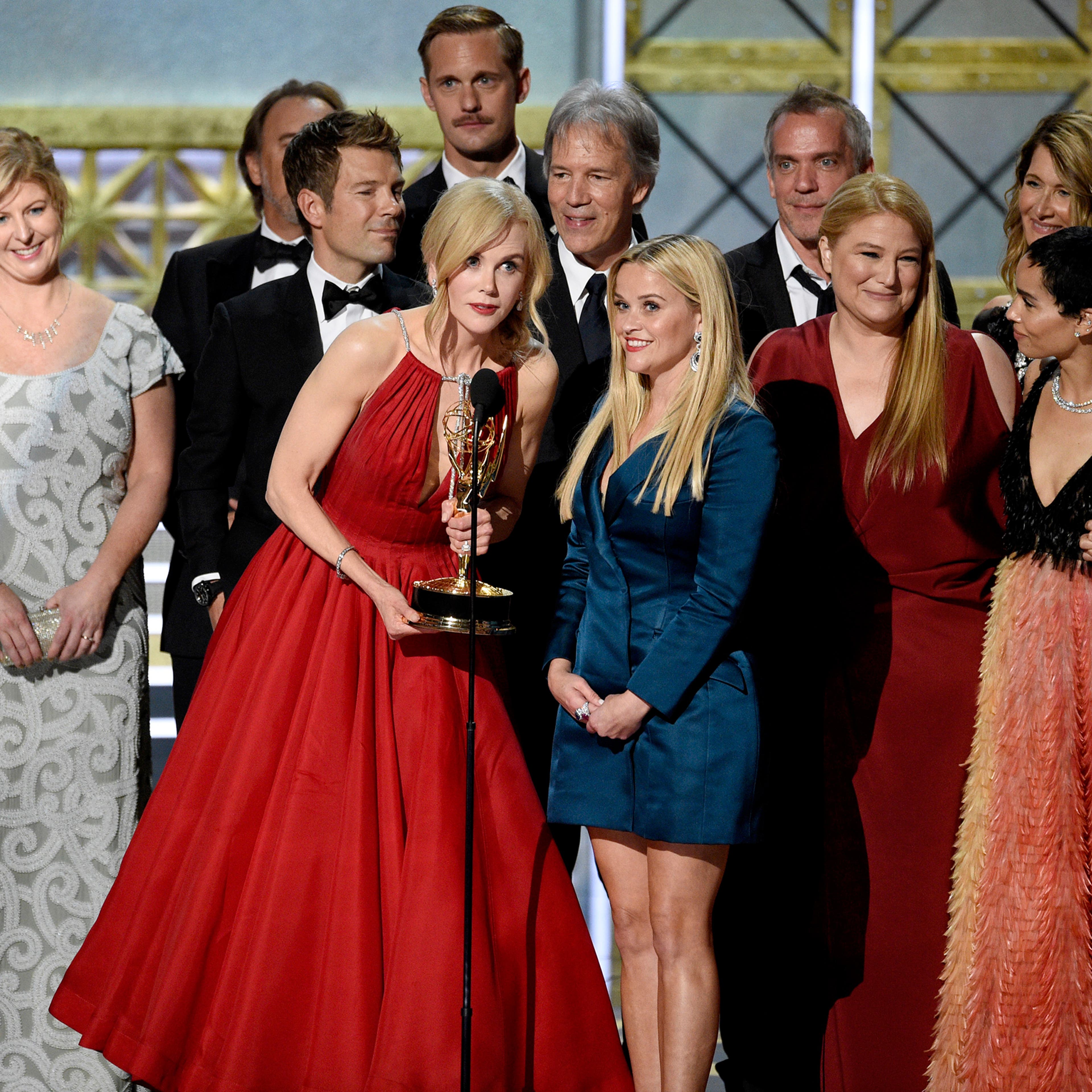 Nicole Kidman, center left, Reese Witherspoon, center right, and cast and crew accept the award for outstanding limited series for "Big Little Lies" at the 69th Primetime Emmy Awards on Sept. 17, 2017, at the Microsoft Theater in Los Angeles.
