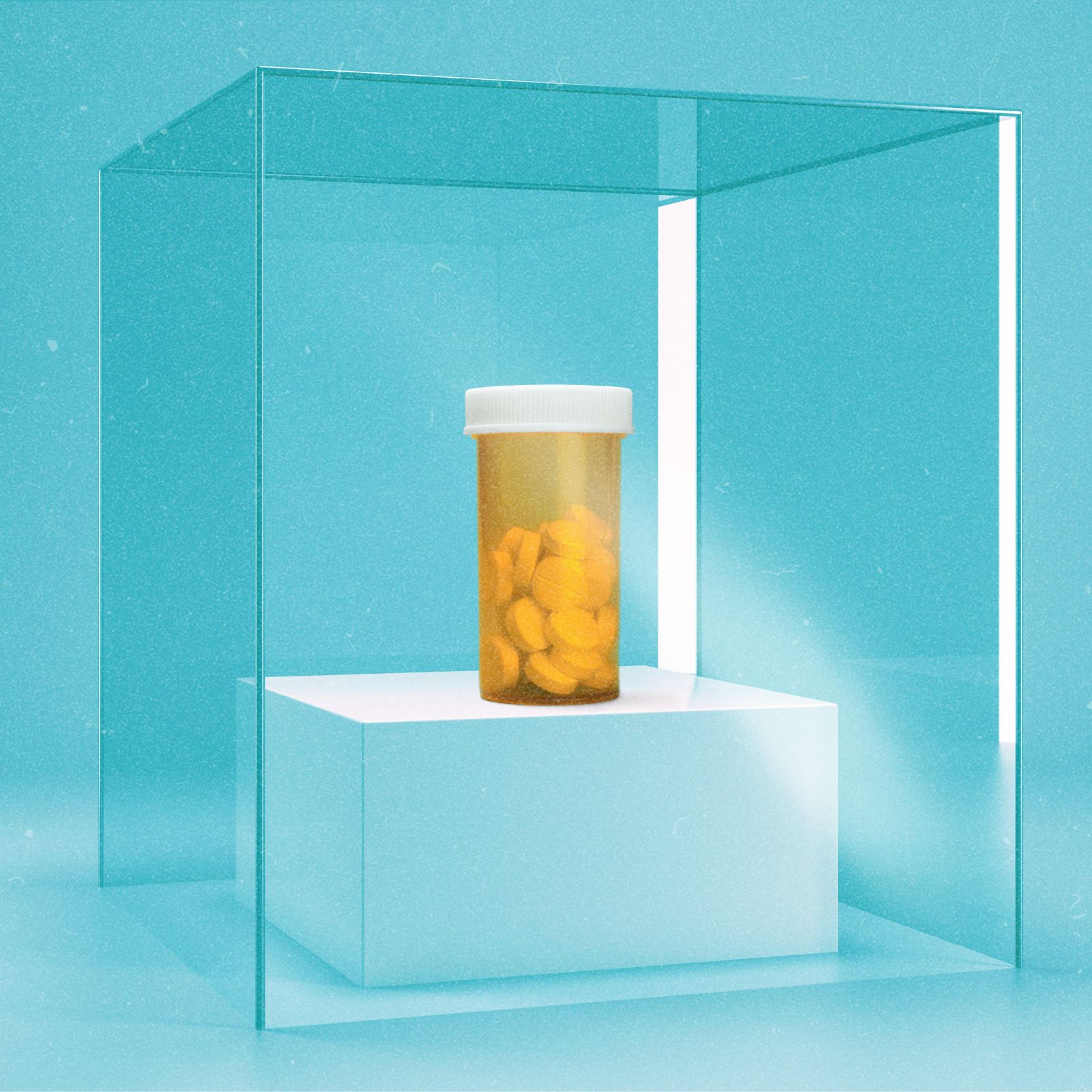 A bottle of bills locked inside of a glass box