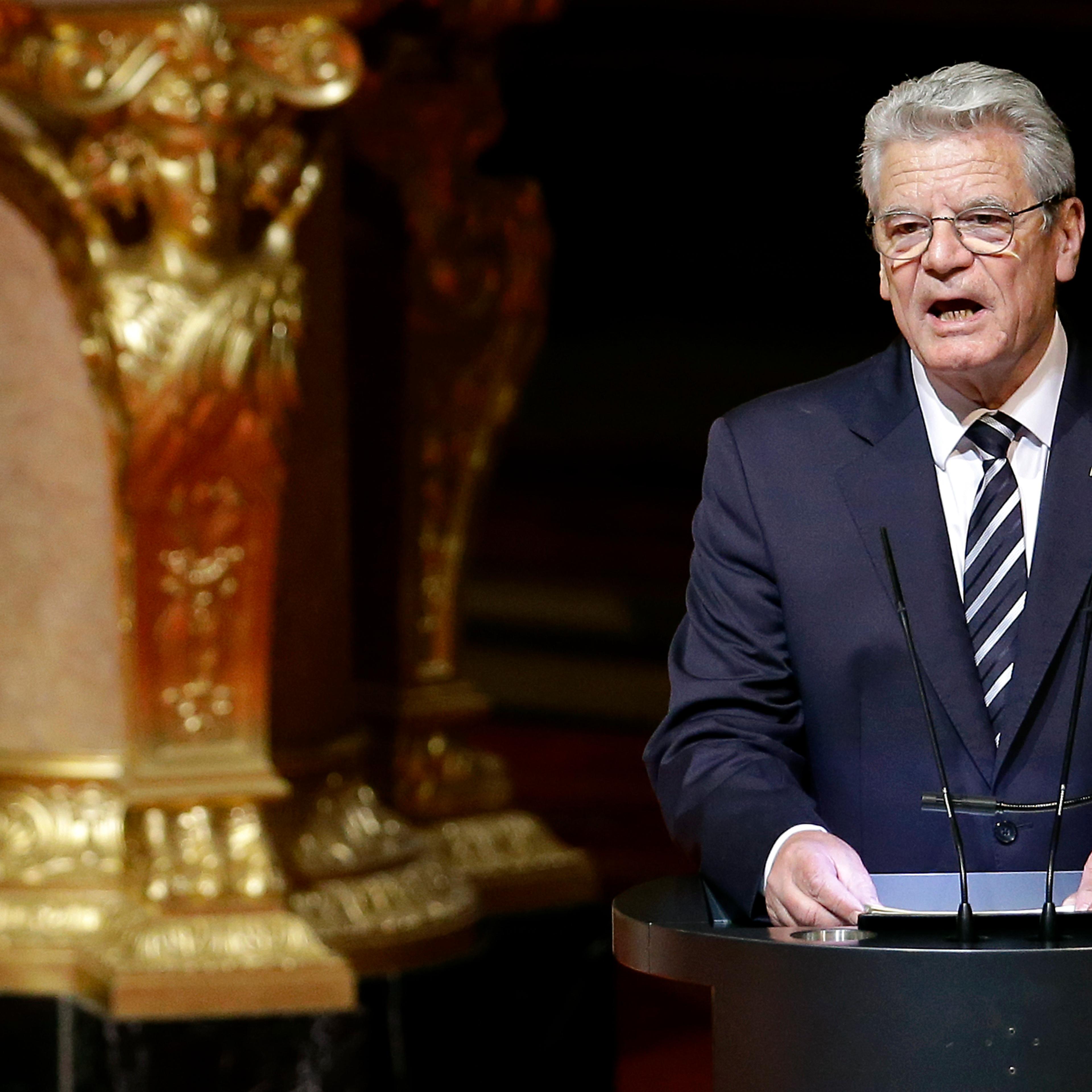 German President Joachim Gauck delivers a speech at the Berlin Cathedral Church in Berlin, Germany, April 23, 2015