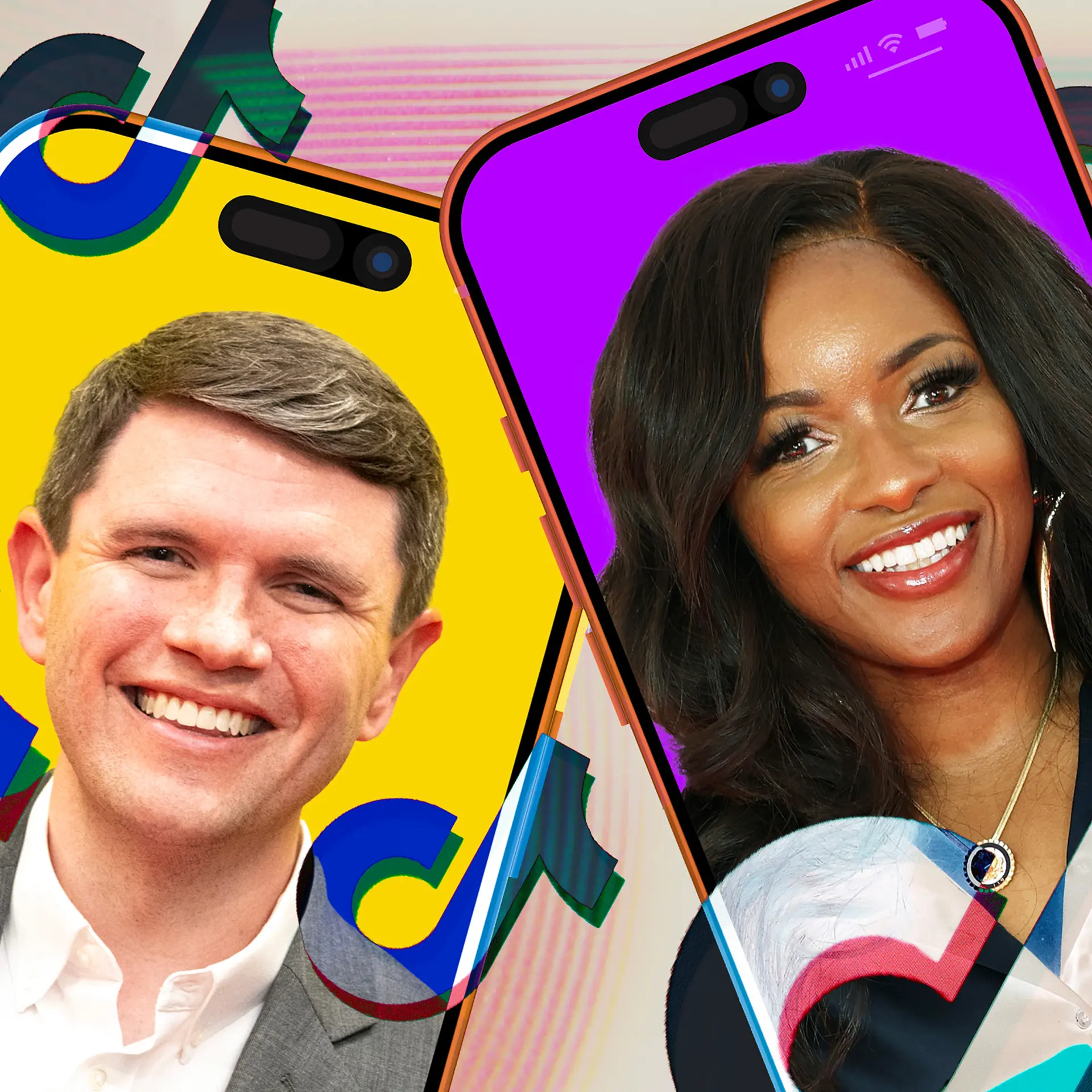 Jasmine Crockett and James Talarico in a photo illustration with cell phones and the TikTok logo.