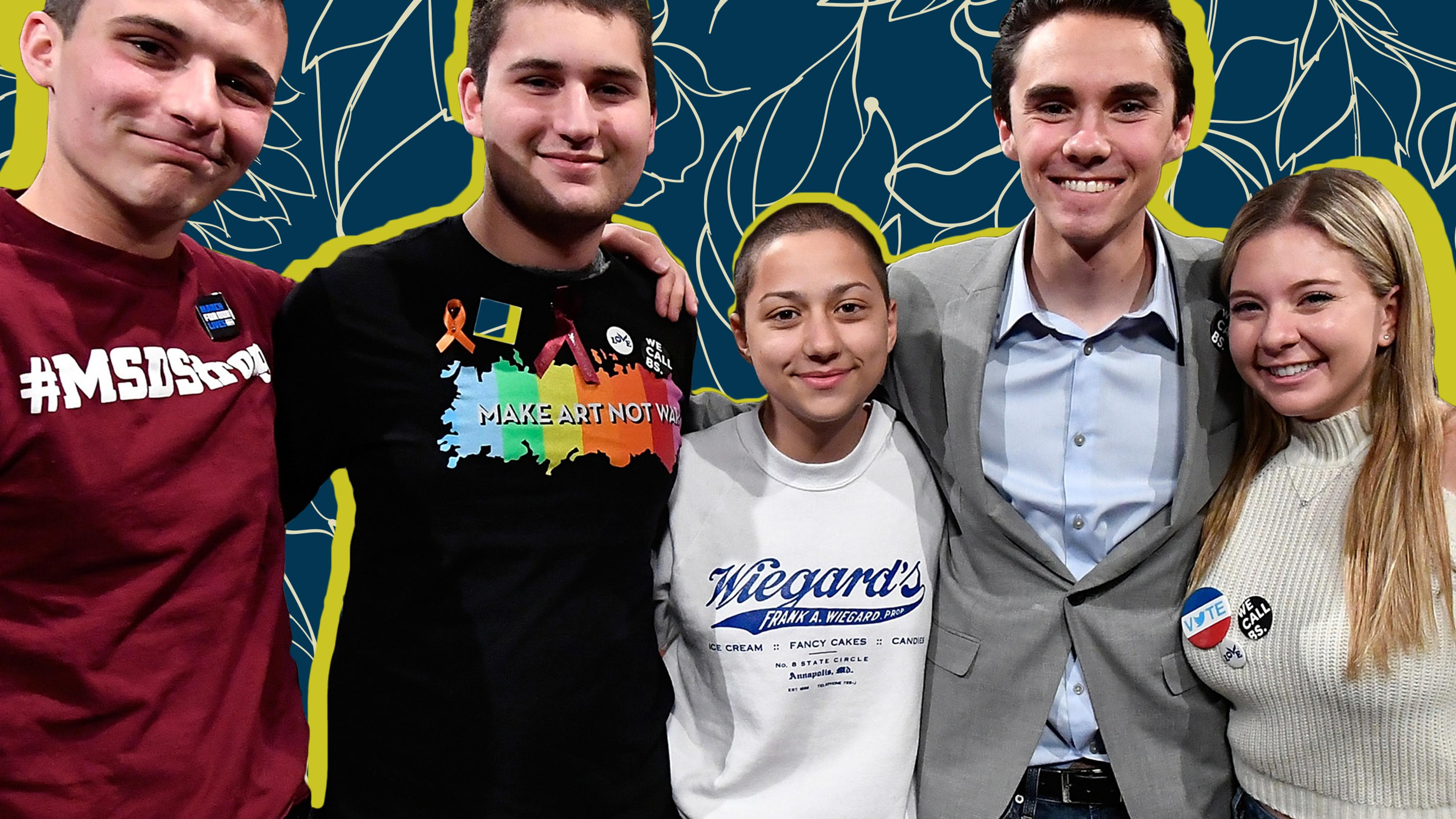 Parkland, Florida, Marjory Stoneman Douglas High School Students and activists (L-R) Cameron Kasky, Alex Wind, Emma Gonzalez, David Hogg, and Jaclyn Corin