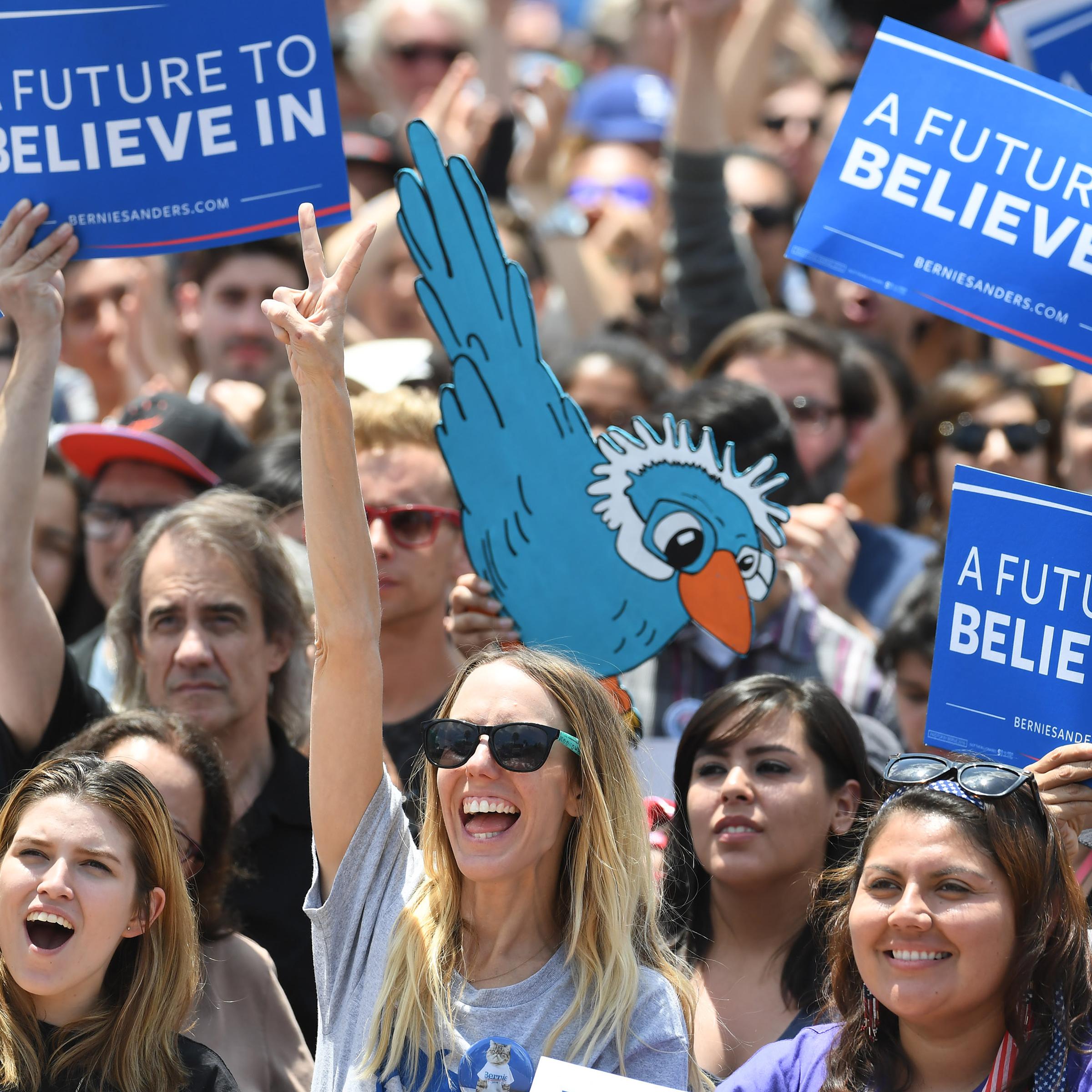 People listen as Bernie Sanders speaks during a rally at Lincoln Park on May 23, 2016 in Los Angeles.