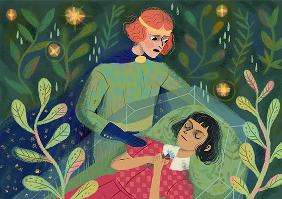 Illustration for Eszter Gangl's tale about a brown skinned Snow White, named Leaf Brown