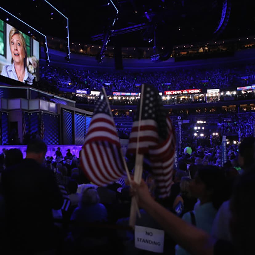 A video introdcuing Democratic presidential nominee Hillary Clinton is displayed on the fourth day of the Democratic National Convention at the Wells Fargo Center, July 28, 2016 in Philadelphia, Pennsylvania.