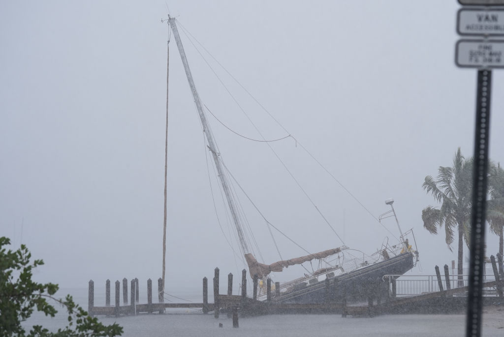 A boat struggles to stand still as Hurricane Milton bears down on the Gulf Coast in Sarasota, Fla. on Oct. 9, 2024.