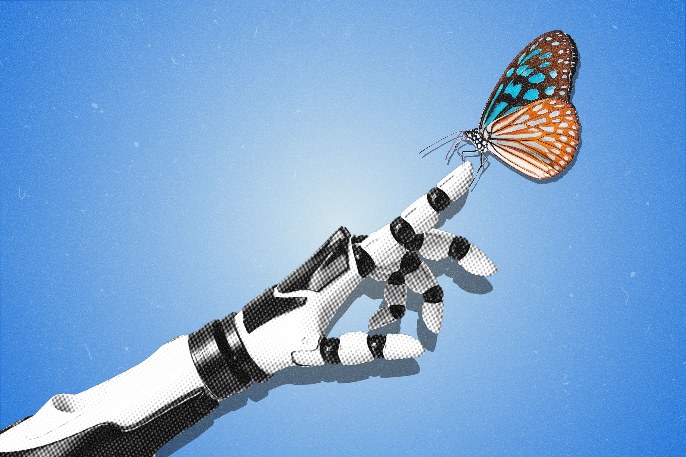 A robotic hand reaching out to a butterfly landing on its fingertip