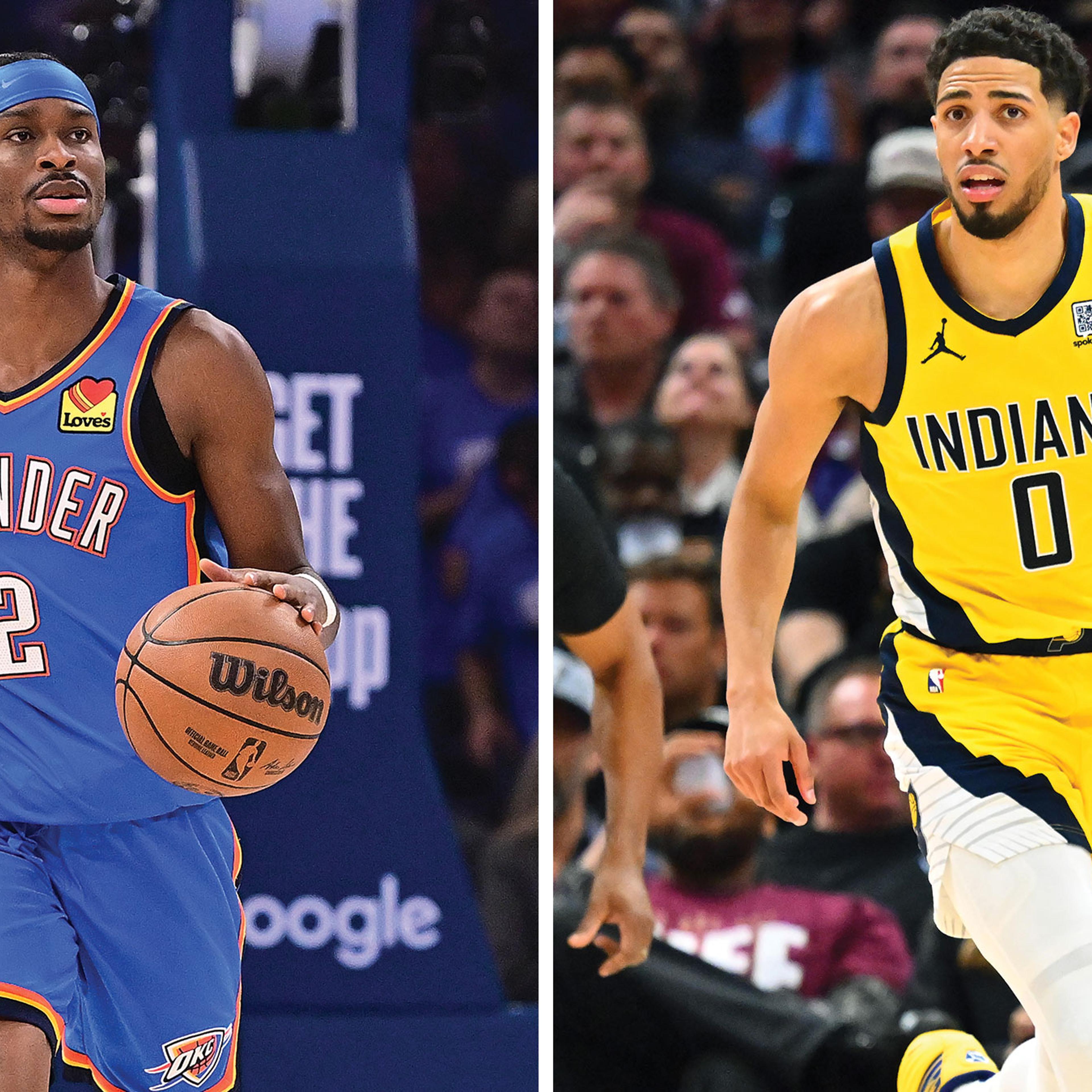 Shai Gilgeous-Alexander of the Oklahoma City Thunder during game seven of the Western Conference semifinals against the Denver Nuggets on May 18, 2025; Tyrese Haliburton of the Indiana Pacers during game one of the Eastern Conference semifinals against the Cleveland Cavaliers on May 4, 2025