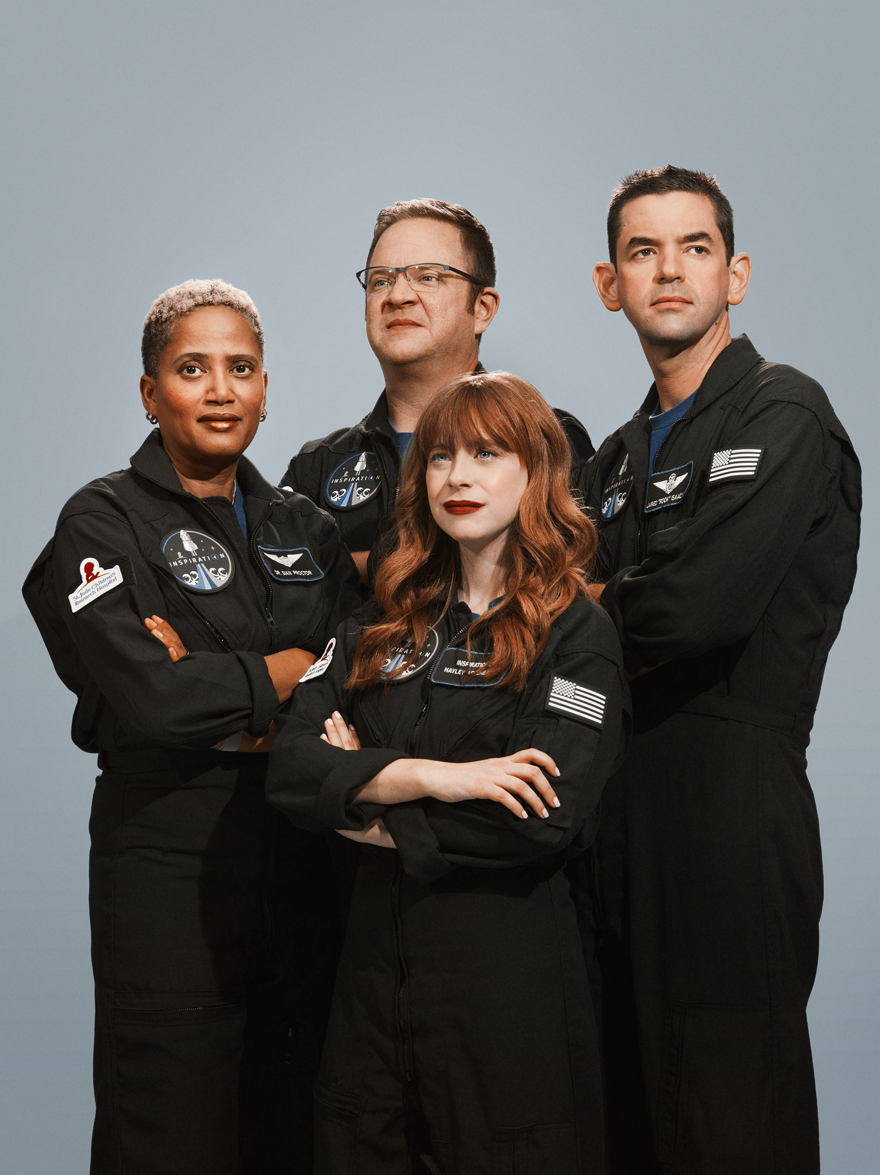 The crew of the Inspiration4, the world’s first all-civilian mission to orbit. From left: Dr. Sian Proctor, Chris Sembroski, Hayley Arceneaux, and Jared Isaacman photographed in Los Angeles, July 2021.