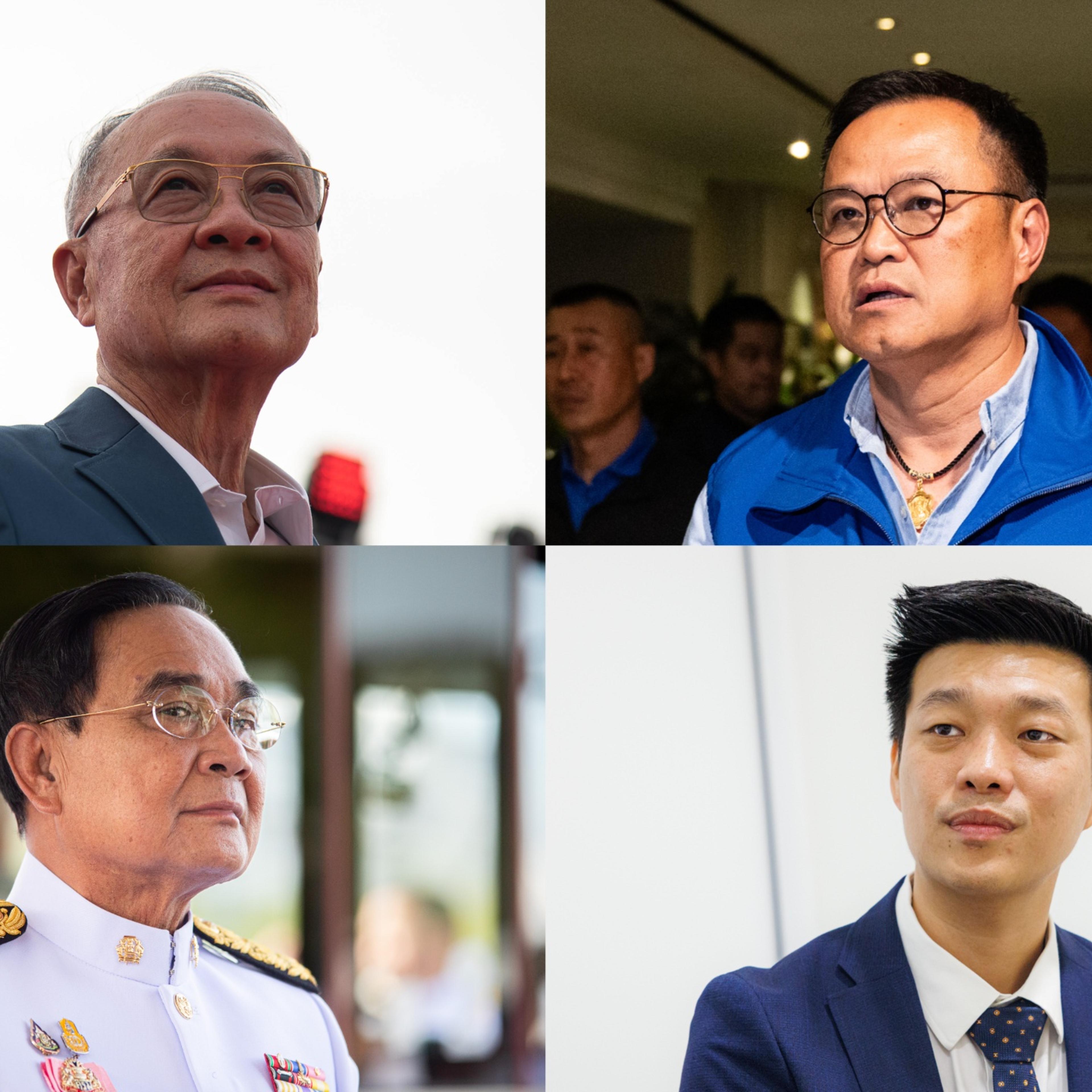 Left to right, top to bottom: Chaikasem Nitisiri of Pheu Thai; Anutin Charnvirakul of Bhumjaithai; Prayut Chan-o-cha of United Thai Nation; and Natthaphong Ruengpanyawut of the People’s Party.