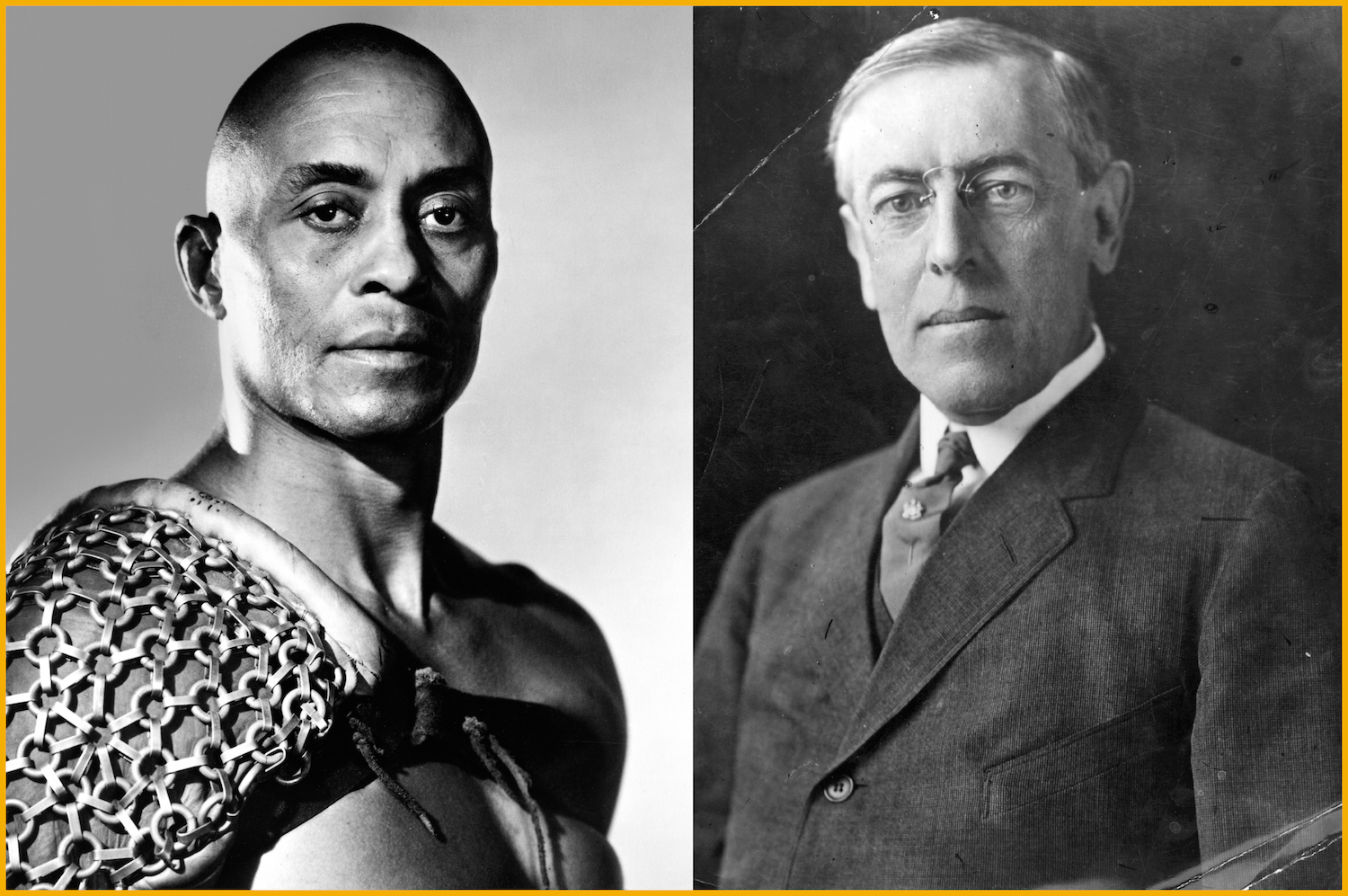 American actor Woody Strode in Stanley Kubrick's film 'Spartacus' (L) and the person after whom he was named: Woodrow Wilson, the 28th President of the United States of America.