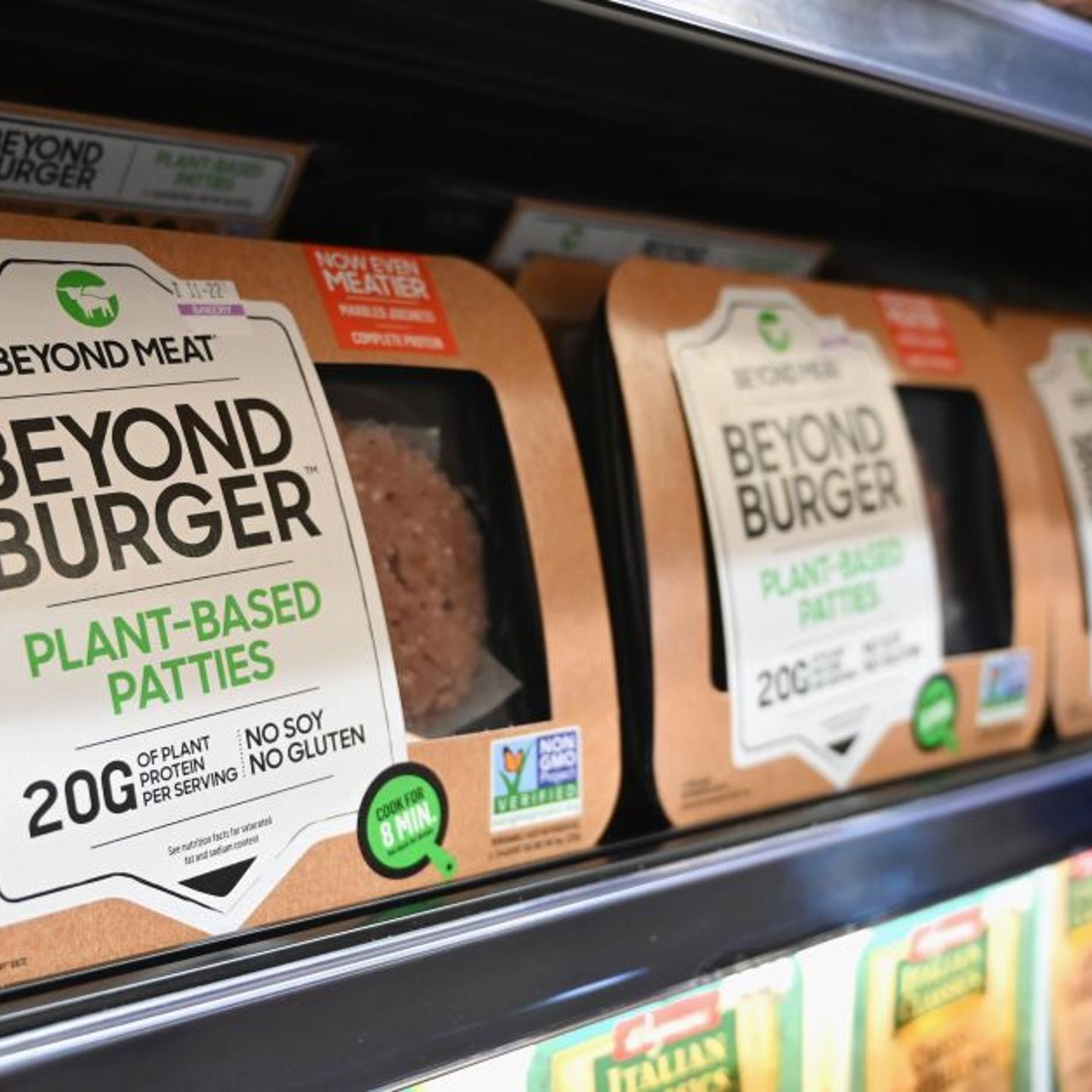 Beyond Meat "Beyond Burger" patties made from plant-based substitutes for meat products sit on a shelf for sale in New York City on Nov. 15, 2019.