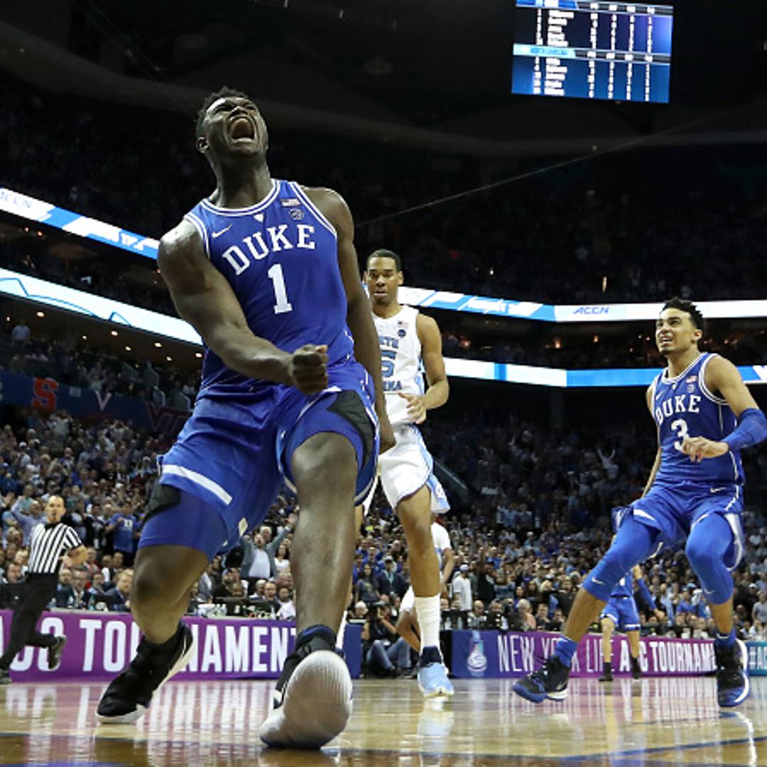 Zion Williamson #1 of the Duke Blue Devils reacts after a dunk against the North Carolina Tar Heels during their game in the semifinals of the 2019 Men's ACC Basketball Tournament at Spectrum Center in Charlotte, North Carolina on March 15, 2019.