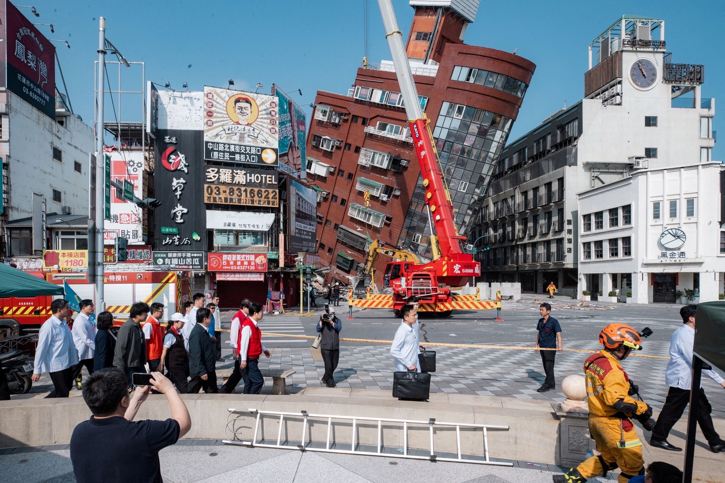 Taiwan President-elect Lai Ching-te inspects the damage following earthquake, in Hualien