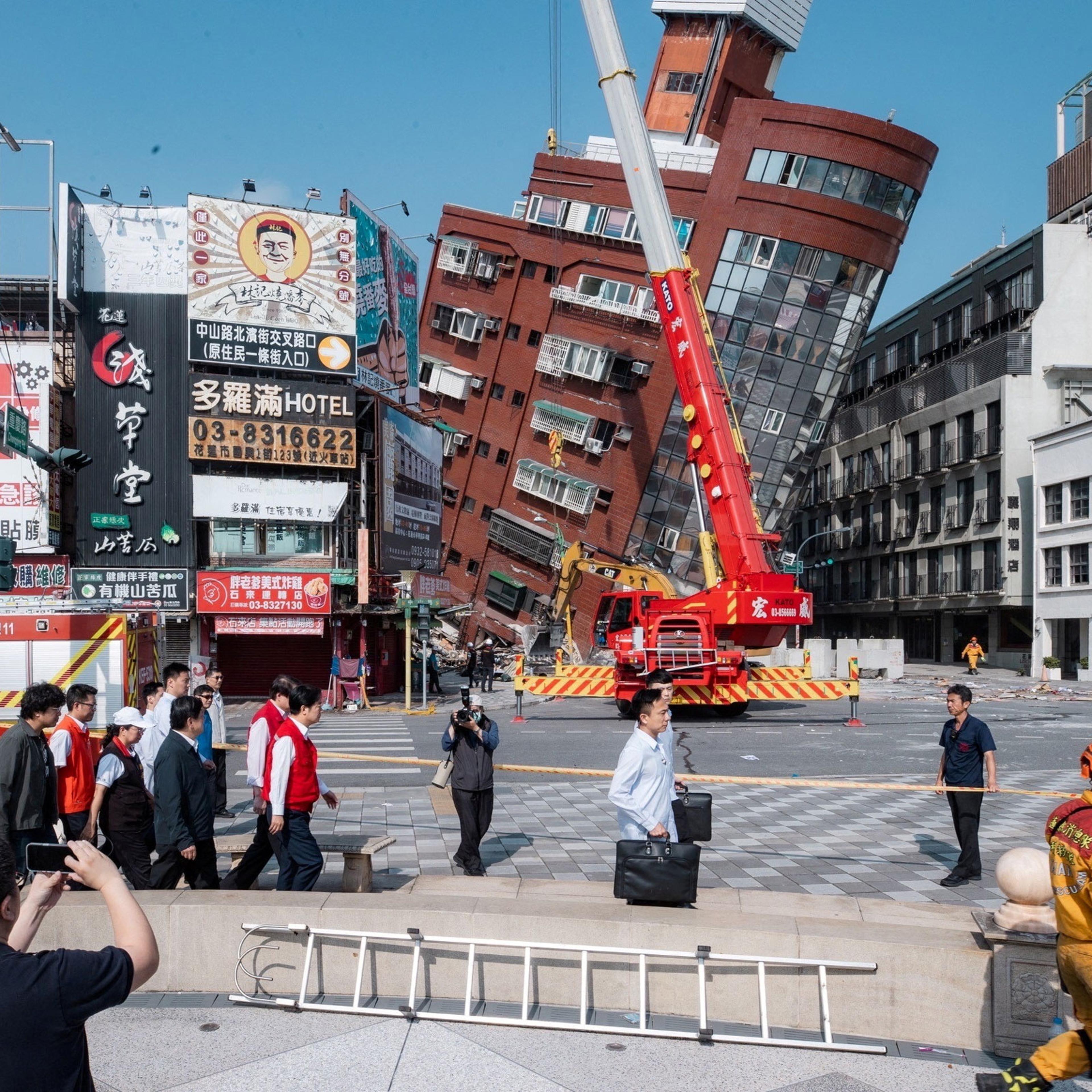 Taiwan President-elect Lai Ching-te inspects the damage following earthquake, in Hualien