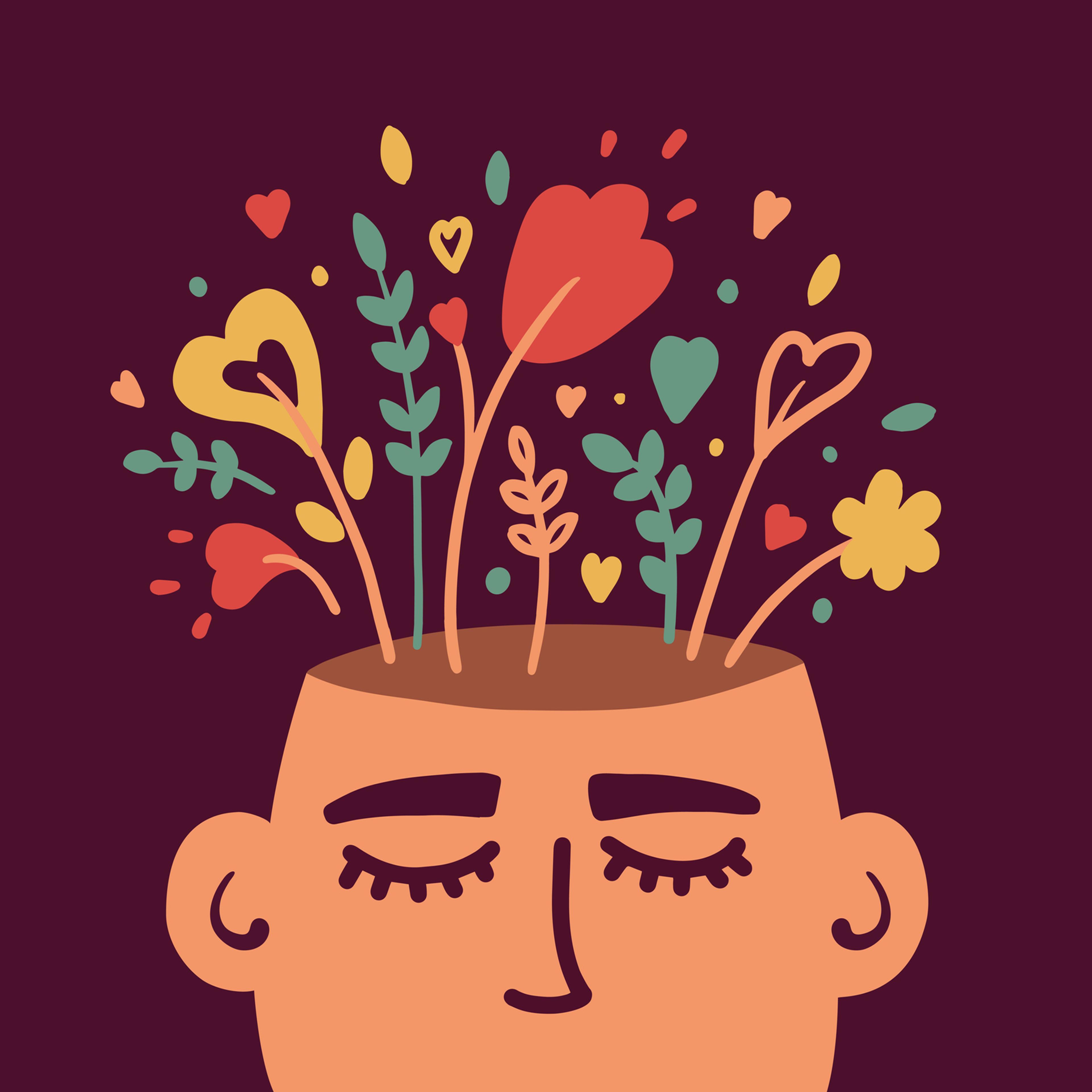 Mental health or psychology concept with flowering human head