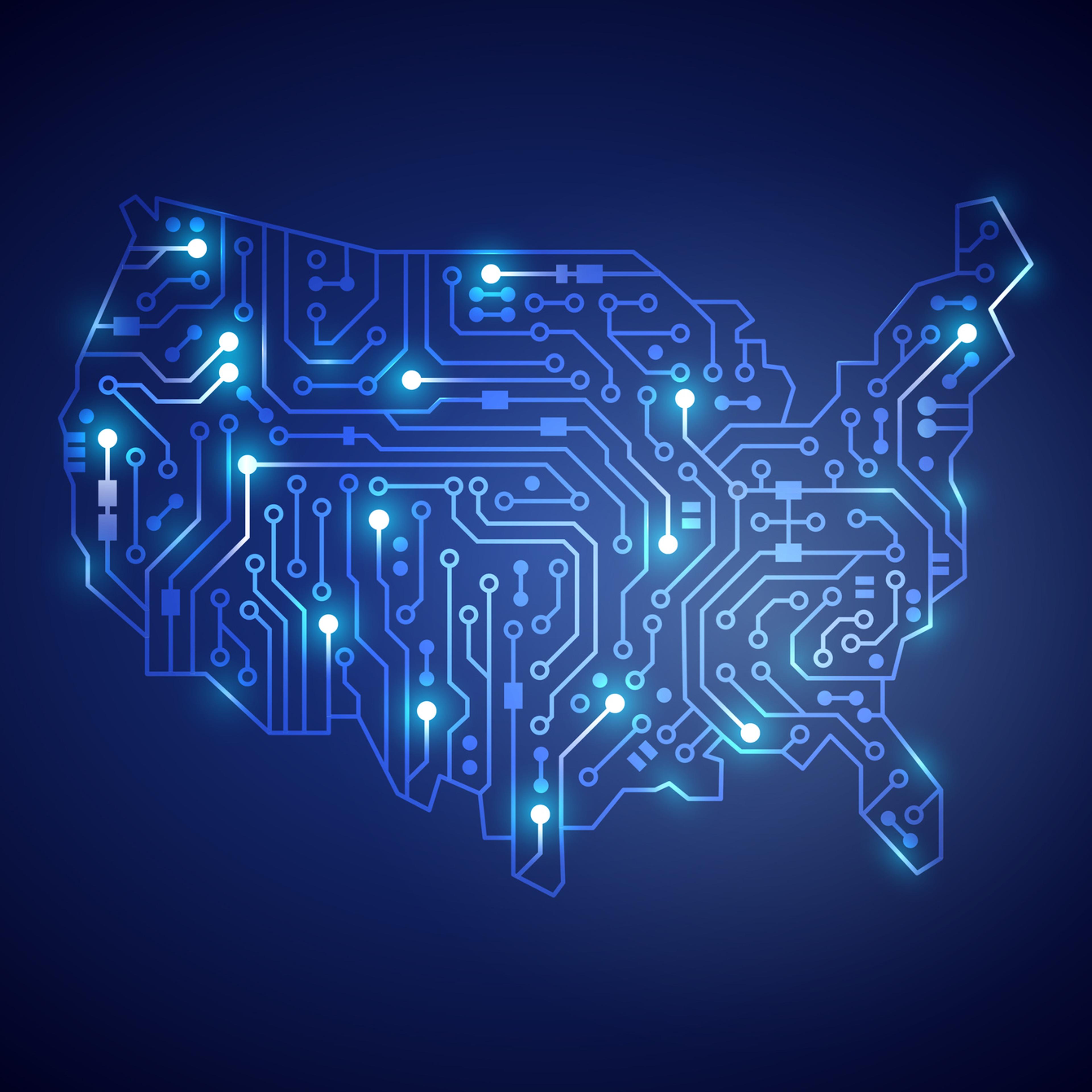 Circuit chip board technology USA map neon shape concept background. Vector illustration.