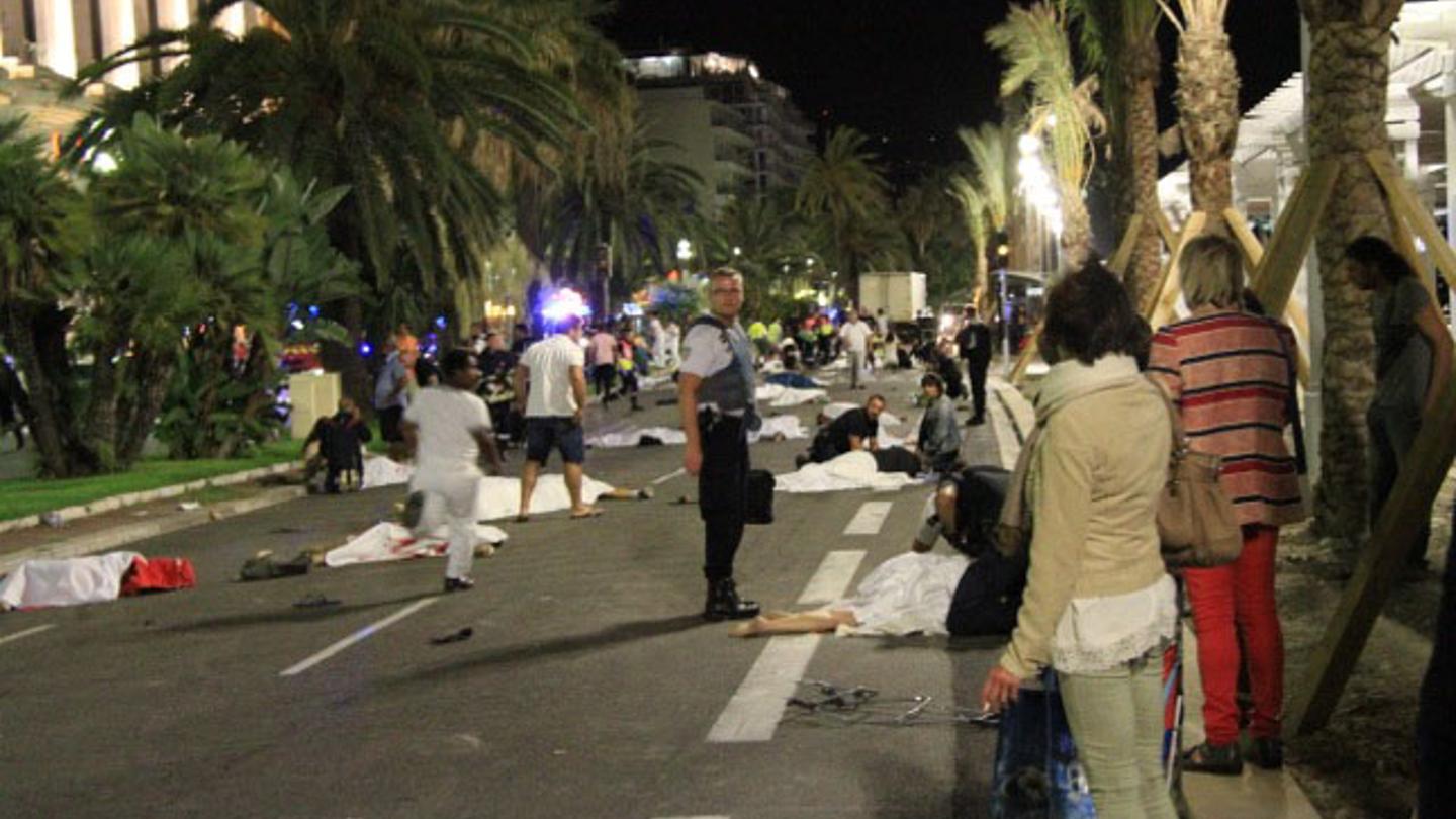 Wounded and dead bodies lie on the ground in Nice, France, July 14, after a truck crashed into a crowd on the Promenade des Anglais.