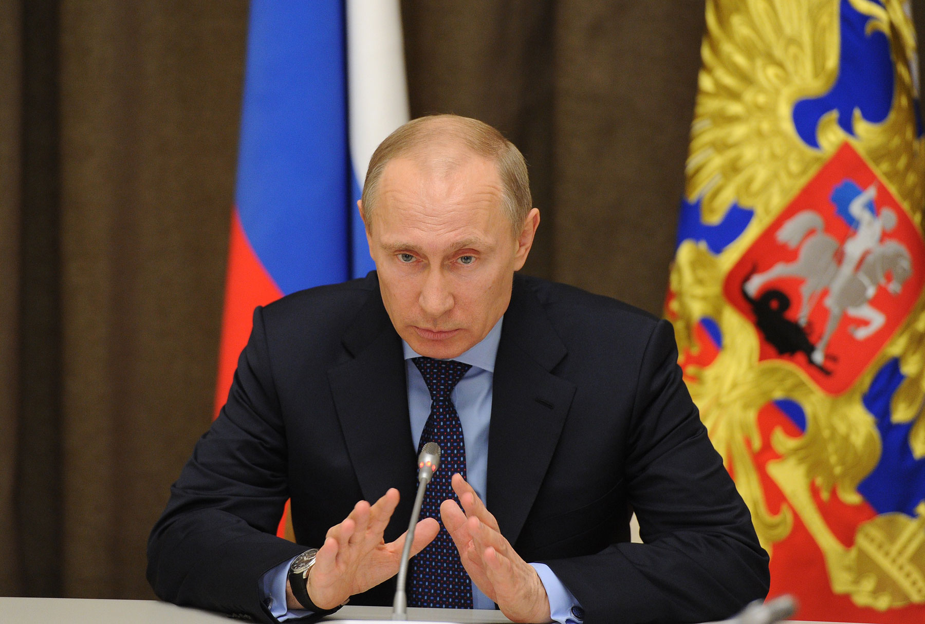Russian President Vladimir Putin speaks during a meeting on economic issues at the Bocharov Ruchei residence in Sochi on March 12, 2014.