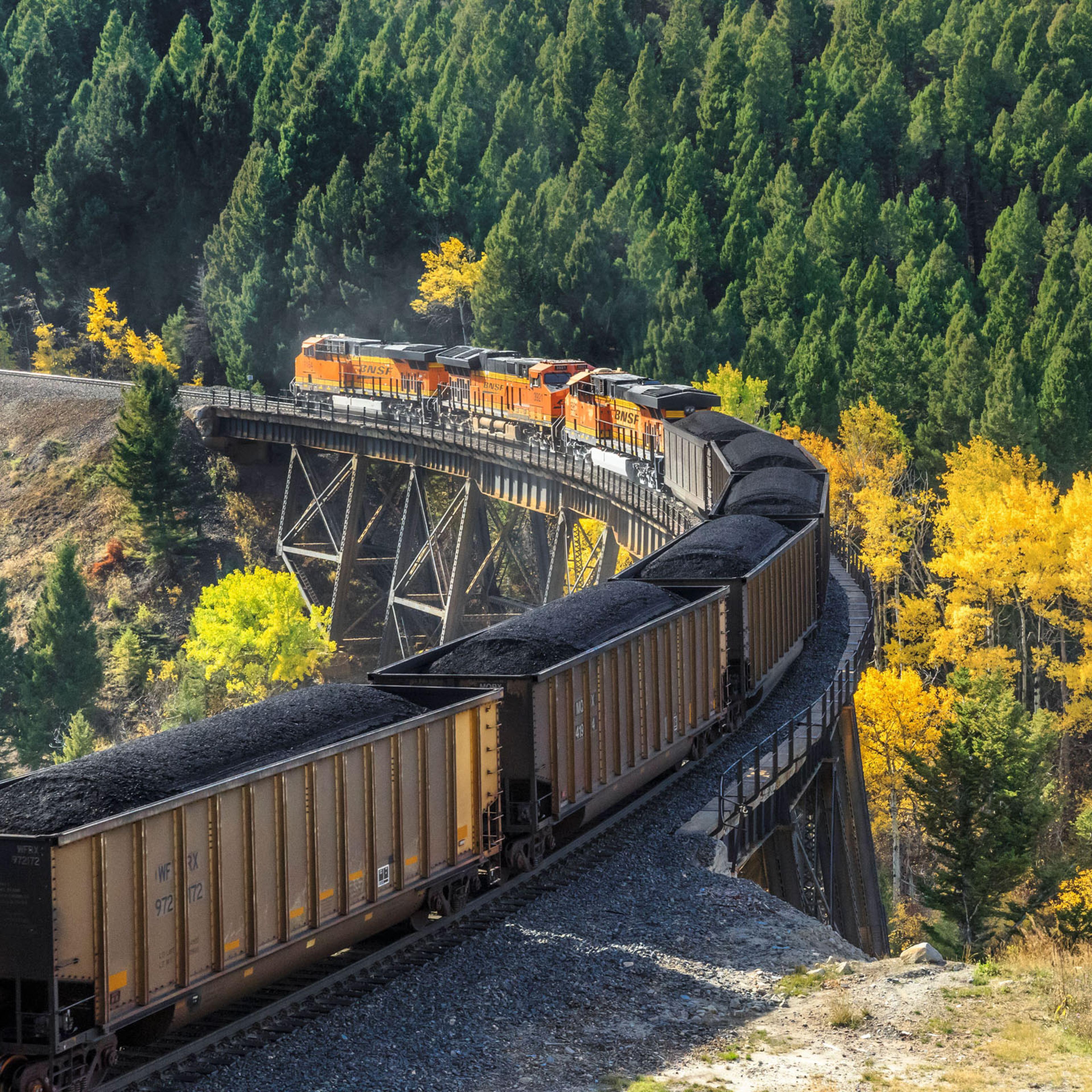 train passing over a high trestle below mullan pass in autumn near austin, montana