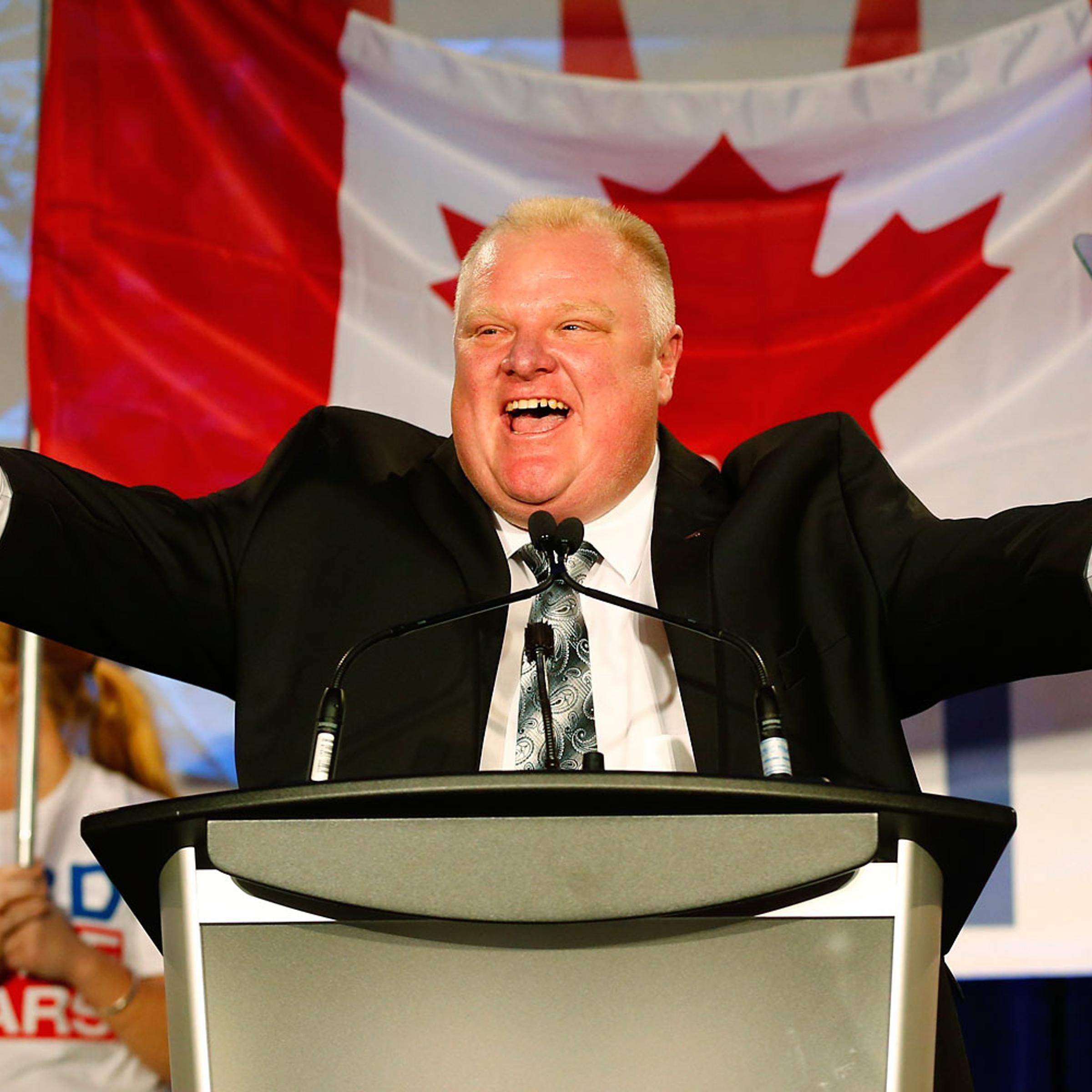 Toronto Mayor Rob Ford reacts on the podium during his campaign launch party in Toronto