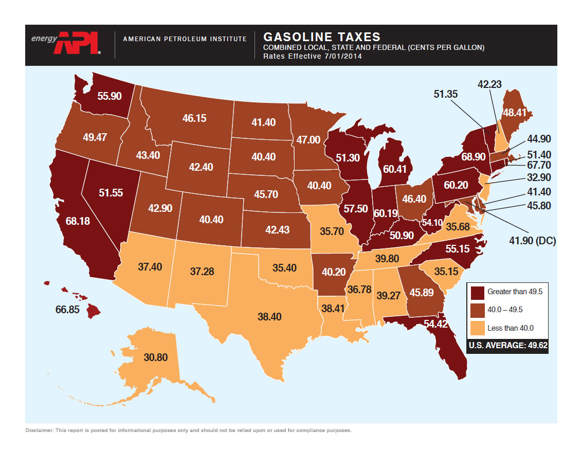 A map of gasoline tax in the US.