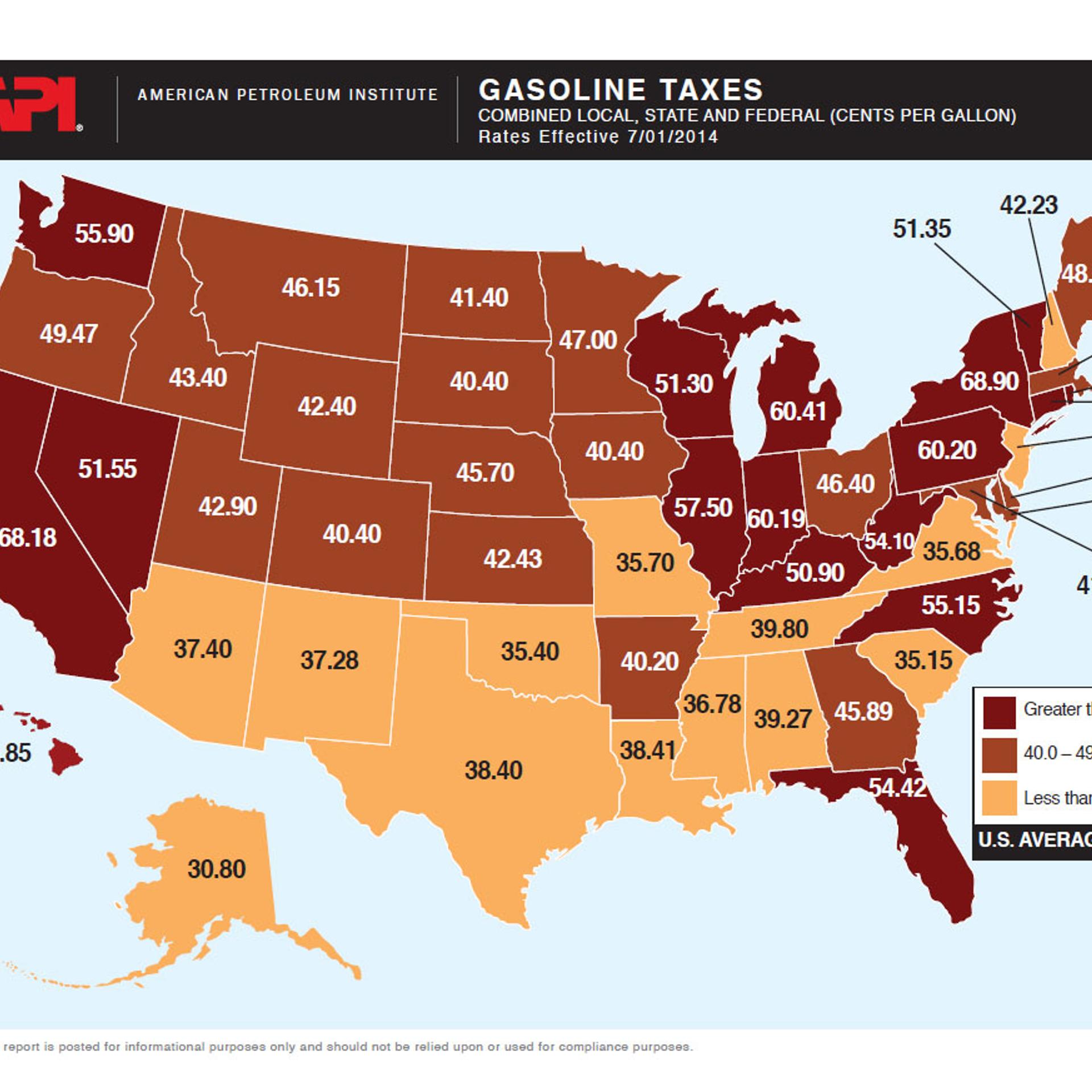 A map of gasoline tax in the US.