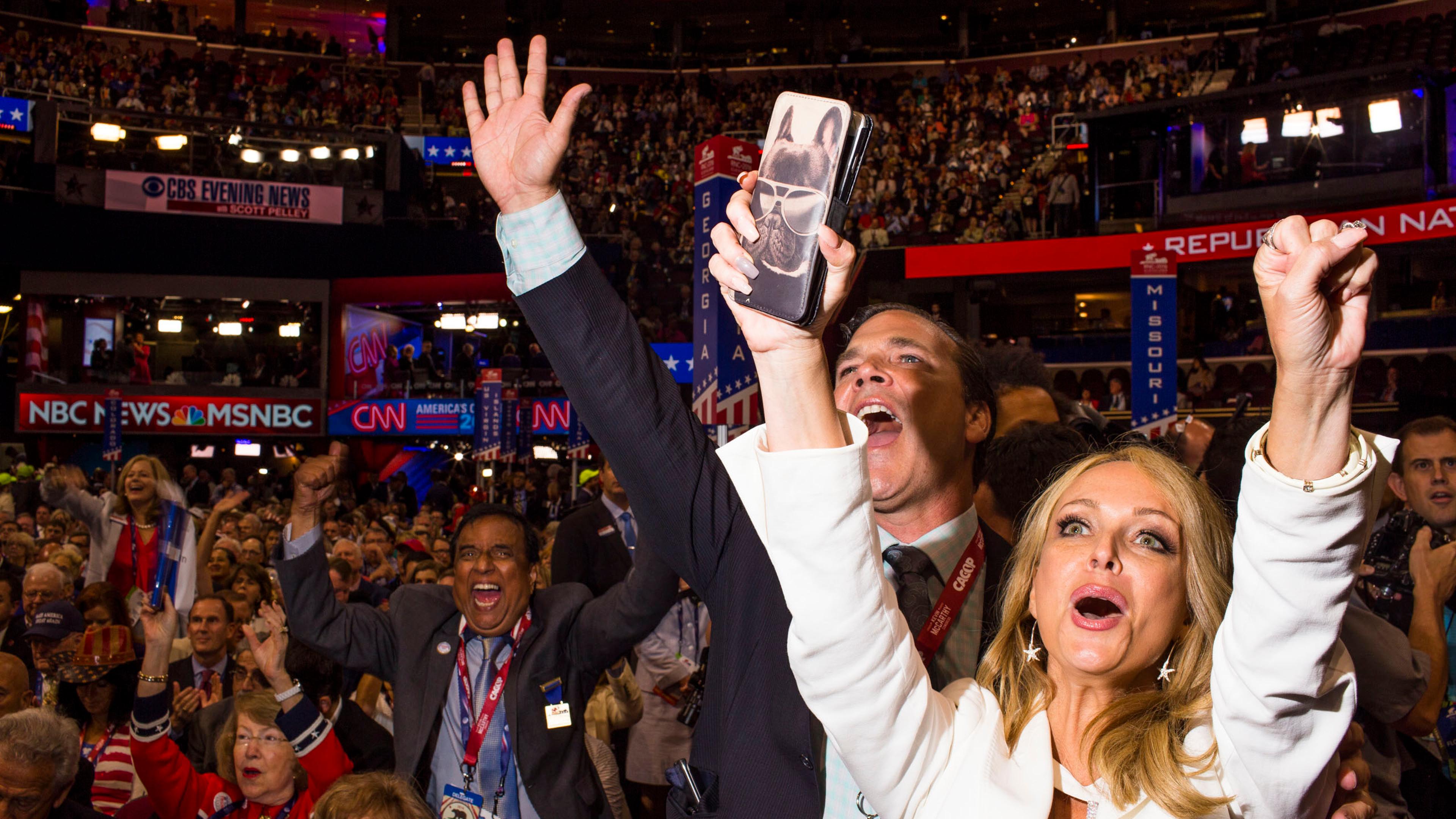 Delegates cheer at the Republican National Convention in Cleveland on Tuesday, July 19, 2016.