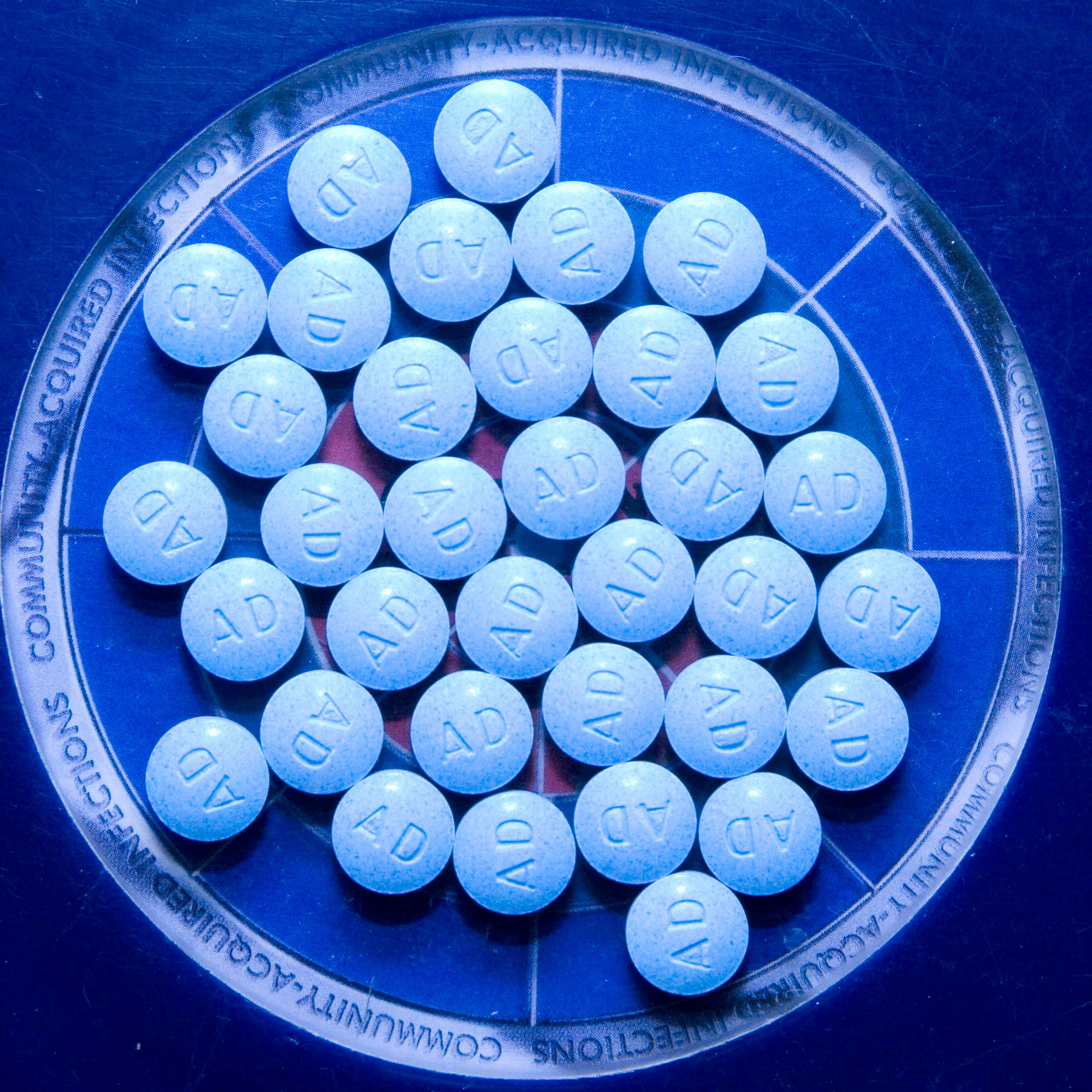Ten milligram tablets of the hyperactivity drug, Adderall, m