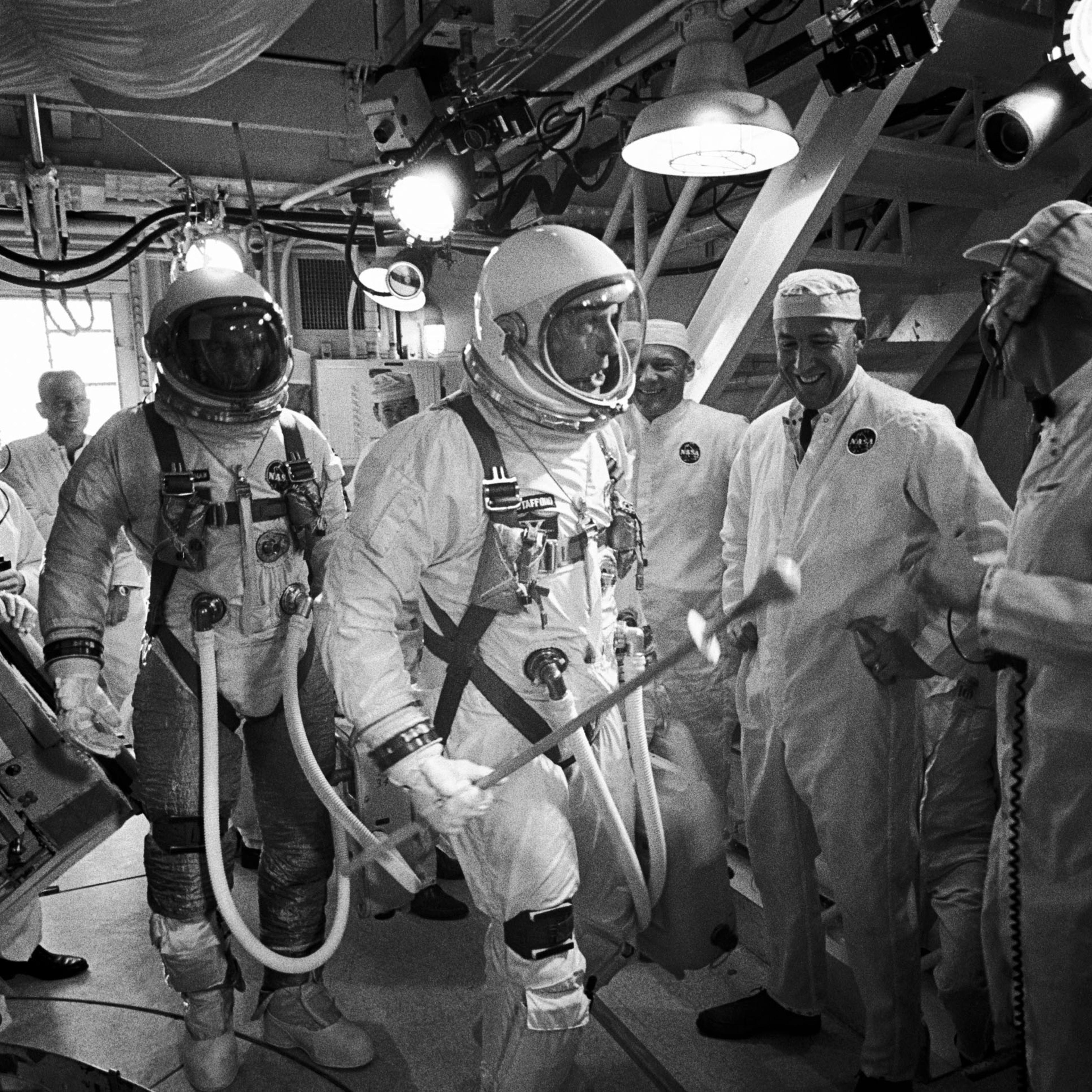 Commander Tom Stafford and pilot Gene Cernan preparing to board Gemini 9 shortly before launch