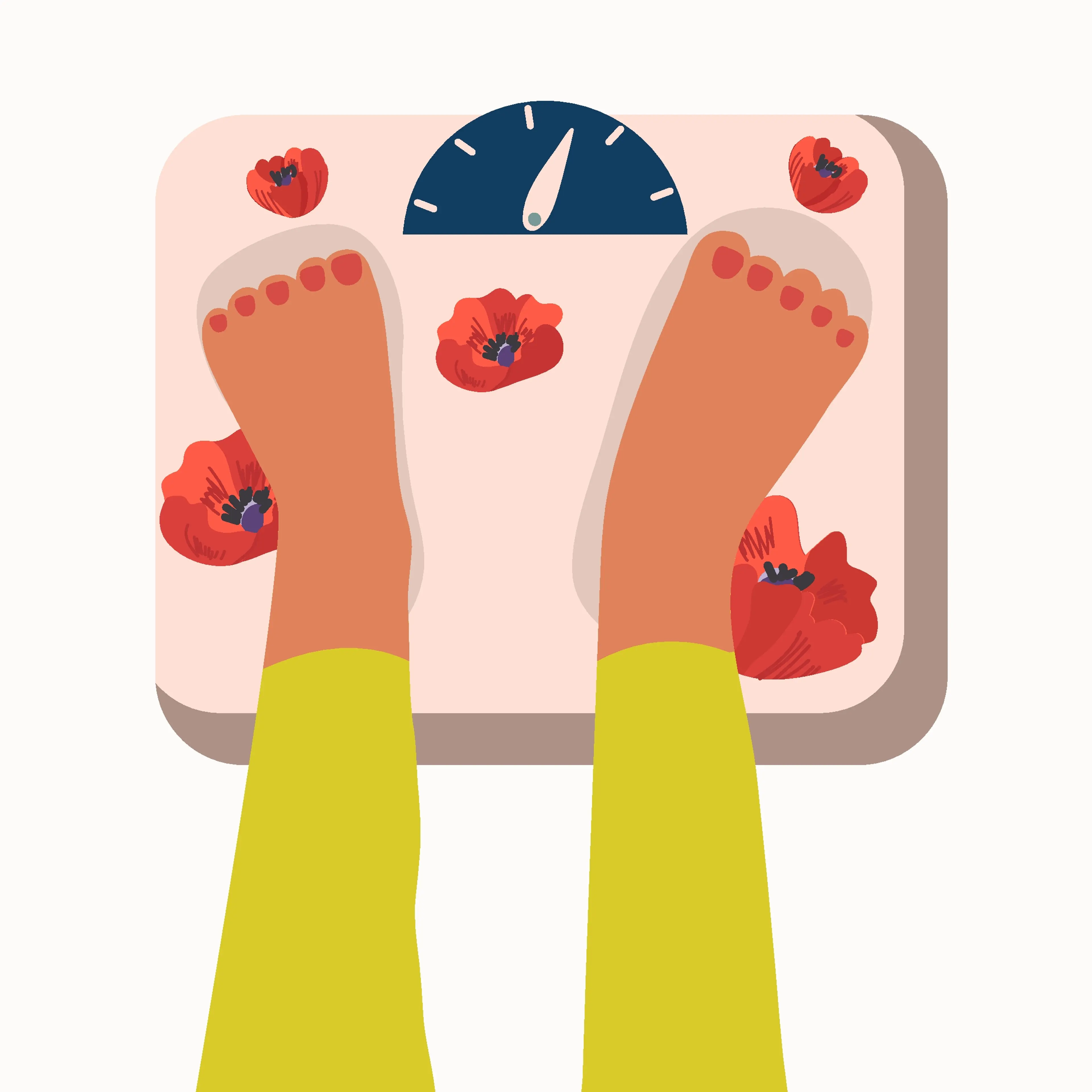 Person is standing on scales over, top view, hand drawn style, weight gain, a symptom of menopause