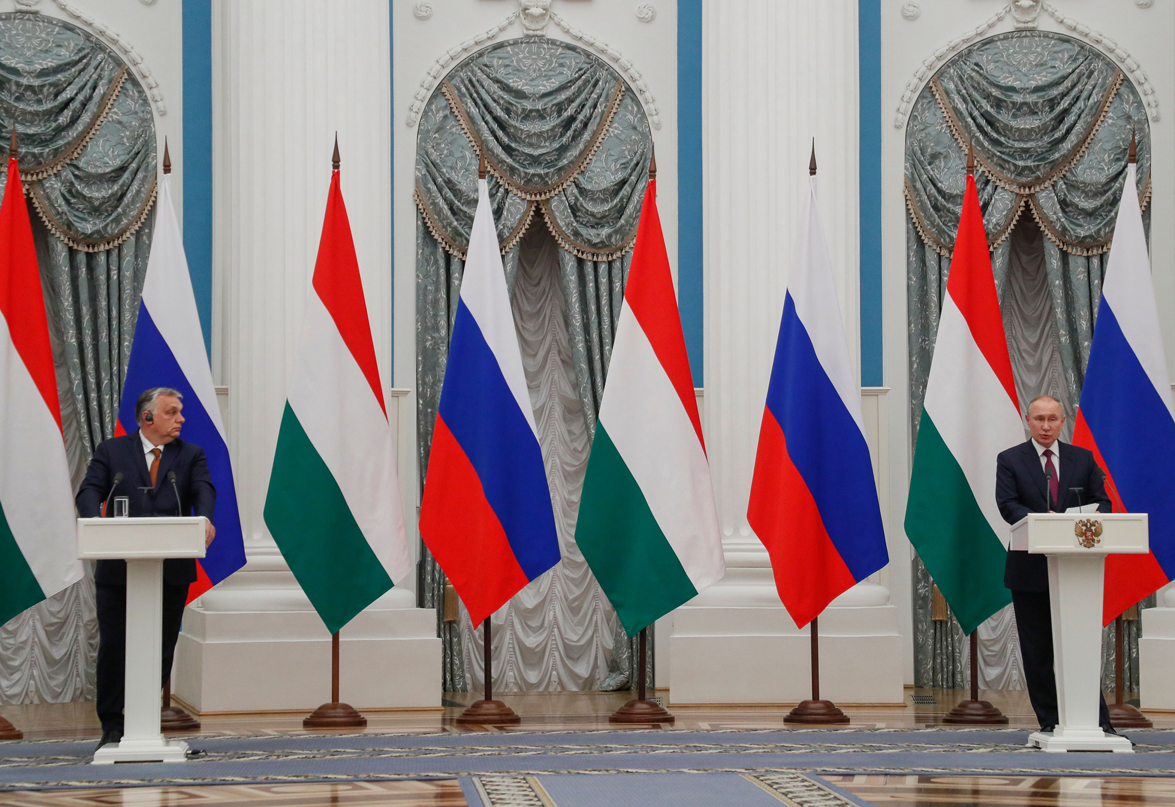 Hungarian Prime Minister Viktor Orban, left, and Russian President Vladimir Putin meet in the Moscow Kremlin on Feb 1