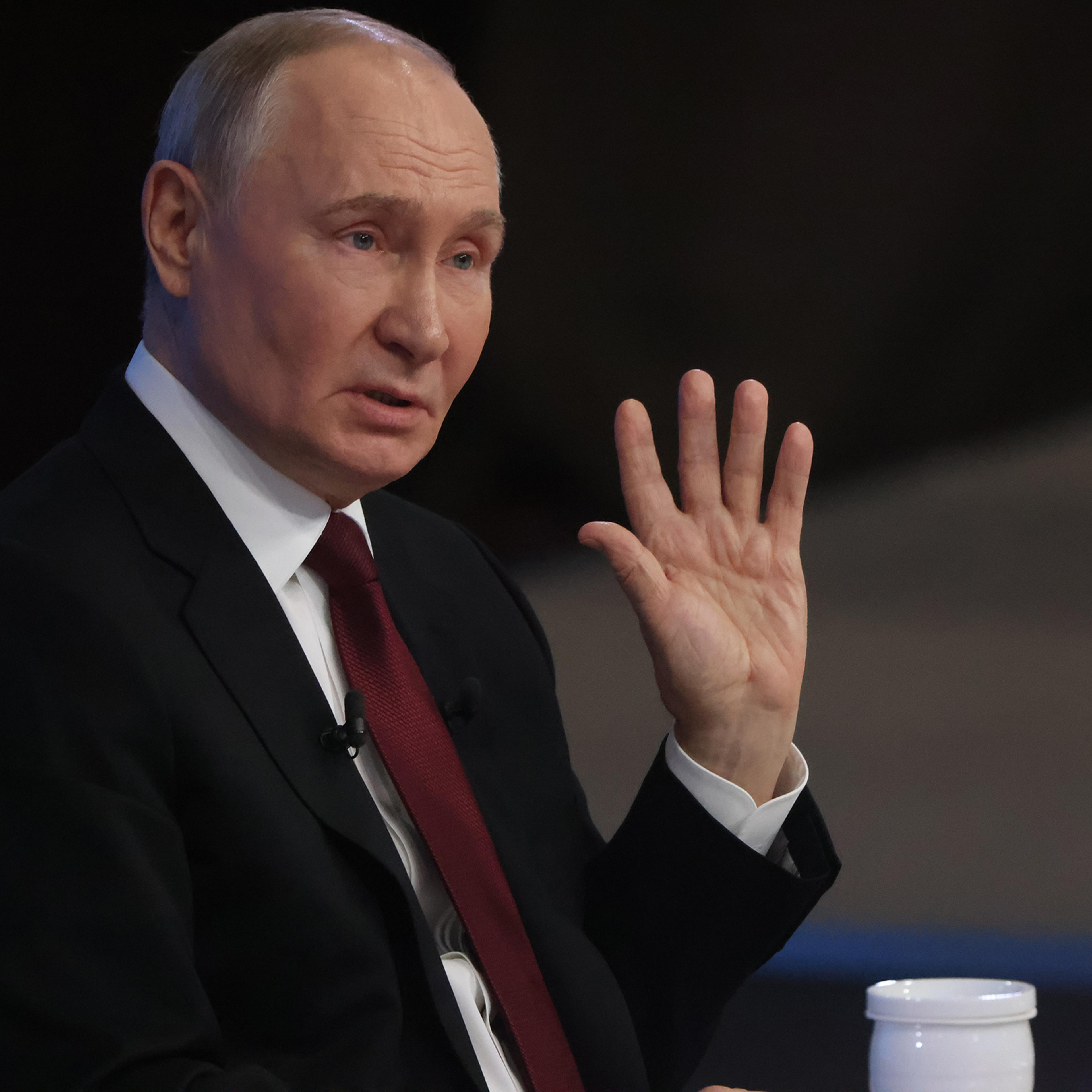 Russian President Vladimir Putin speaks during his annual call-in-show and press conference at the Gostiny Dvor Hall in Moscow, Dec. 19, 2024.
