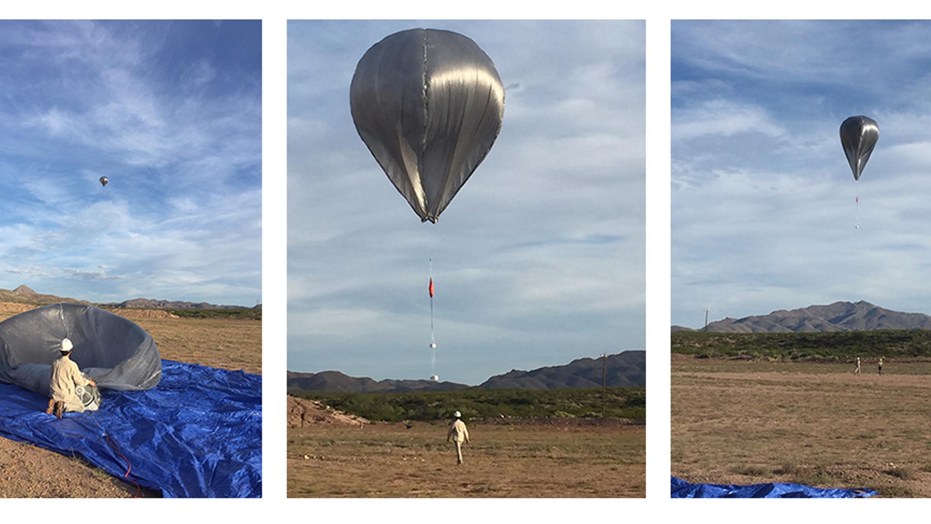 Researchs inflate a solar hot air balloon equipped with with an infrasound microbarometer.