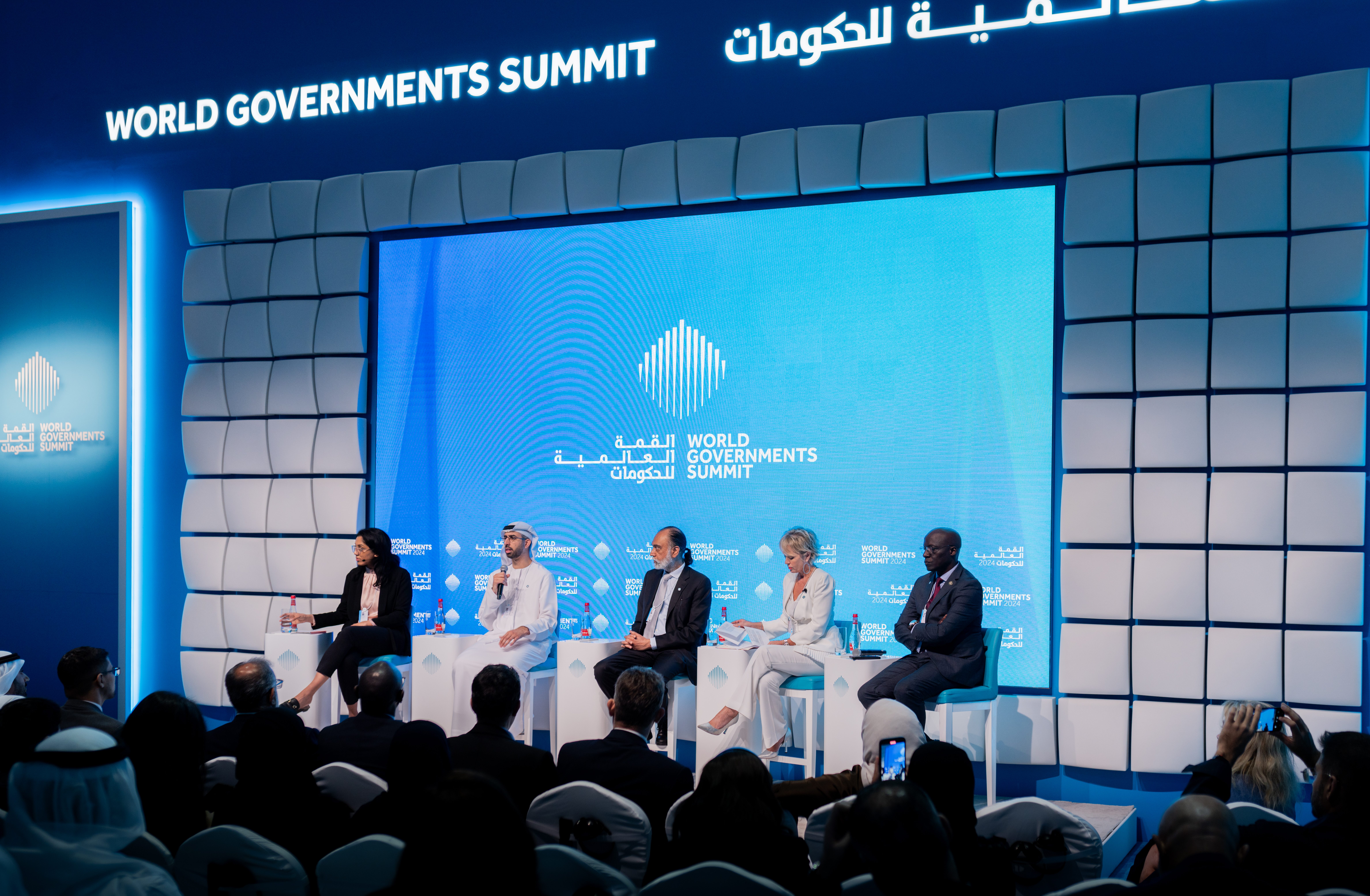 From left: TIME Executive Editor Naina Bajekal, UAE Minister for AI Omar Sultan Al Olama, U.N. Secretary-General Technology Envoy Amandeep Gill, Spain's Former AI Minister Carme Artigas, and Kenyan Government Technology Adviser Philip Thigo