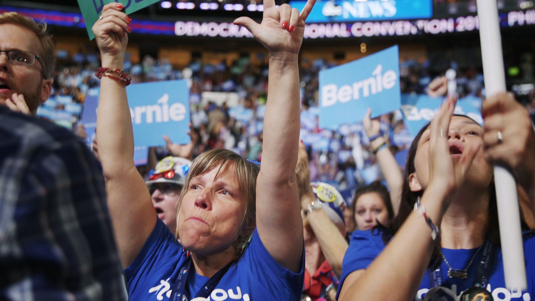 Bernie Sanders supporters protest at the Democratic national convention in Philadelphia.