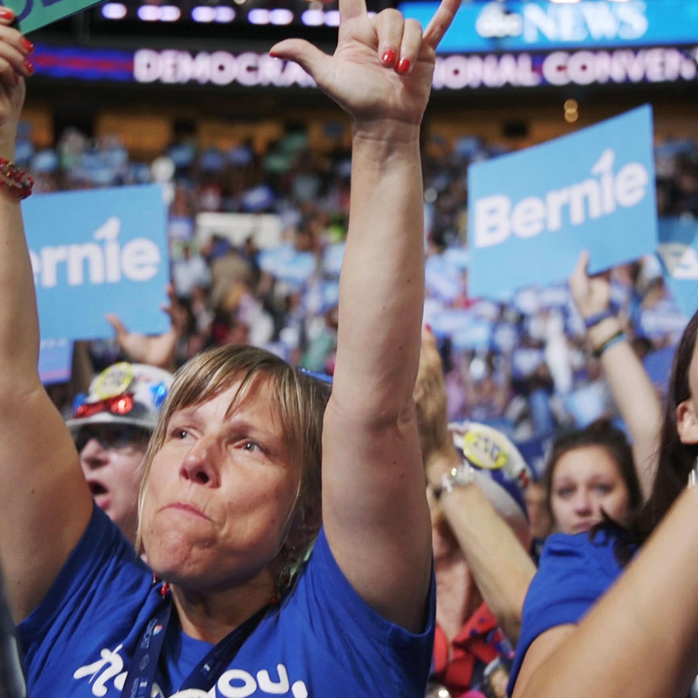 Bernie Sanders supporters protest at the Democratic national convention in Philadelphia.