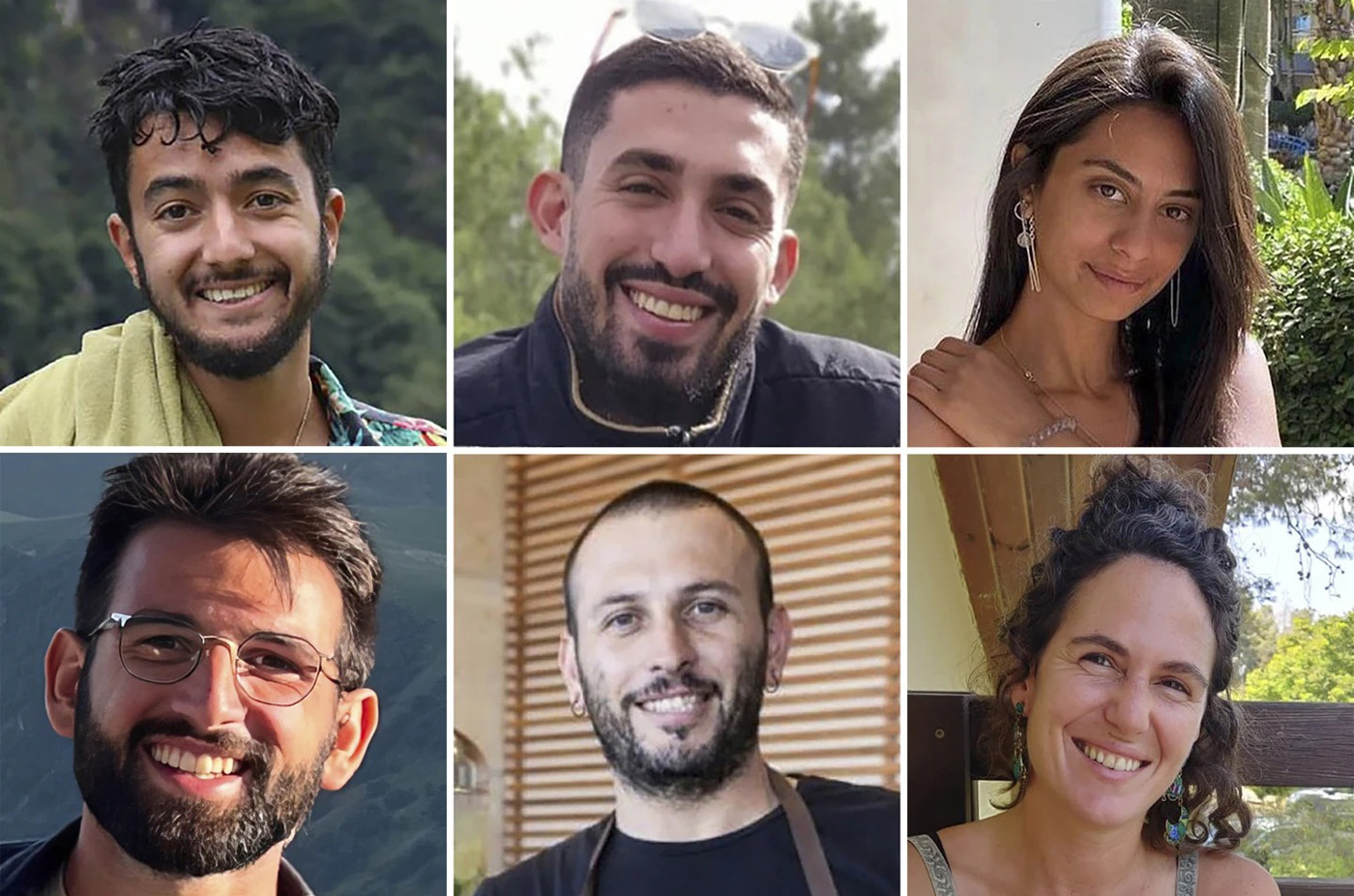 From top left: Hersh Goldberg-Polin, Ori Danino, Eden Yerushalmi, Almog Sarusi, Alexander Lobanov, Carmel Gat. 