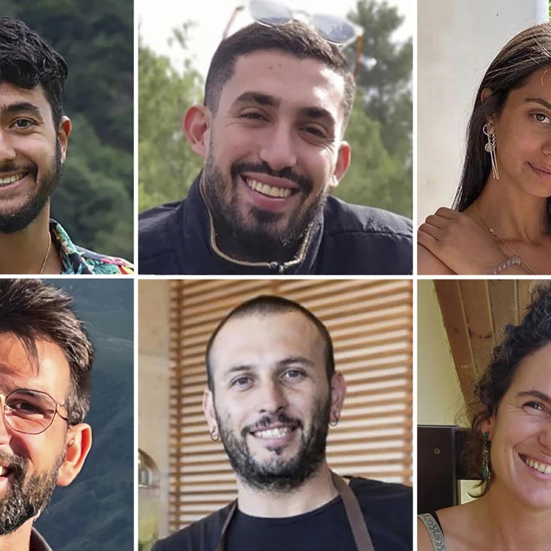 From top left: Hersh Goldberg-Polin, Ori Danino, Eden Yerushalmi, Almog Sarusi, Alexander Lobanov, Carmel Gat.