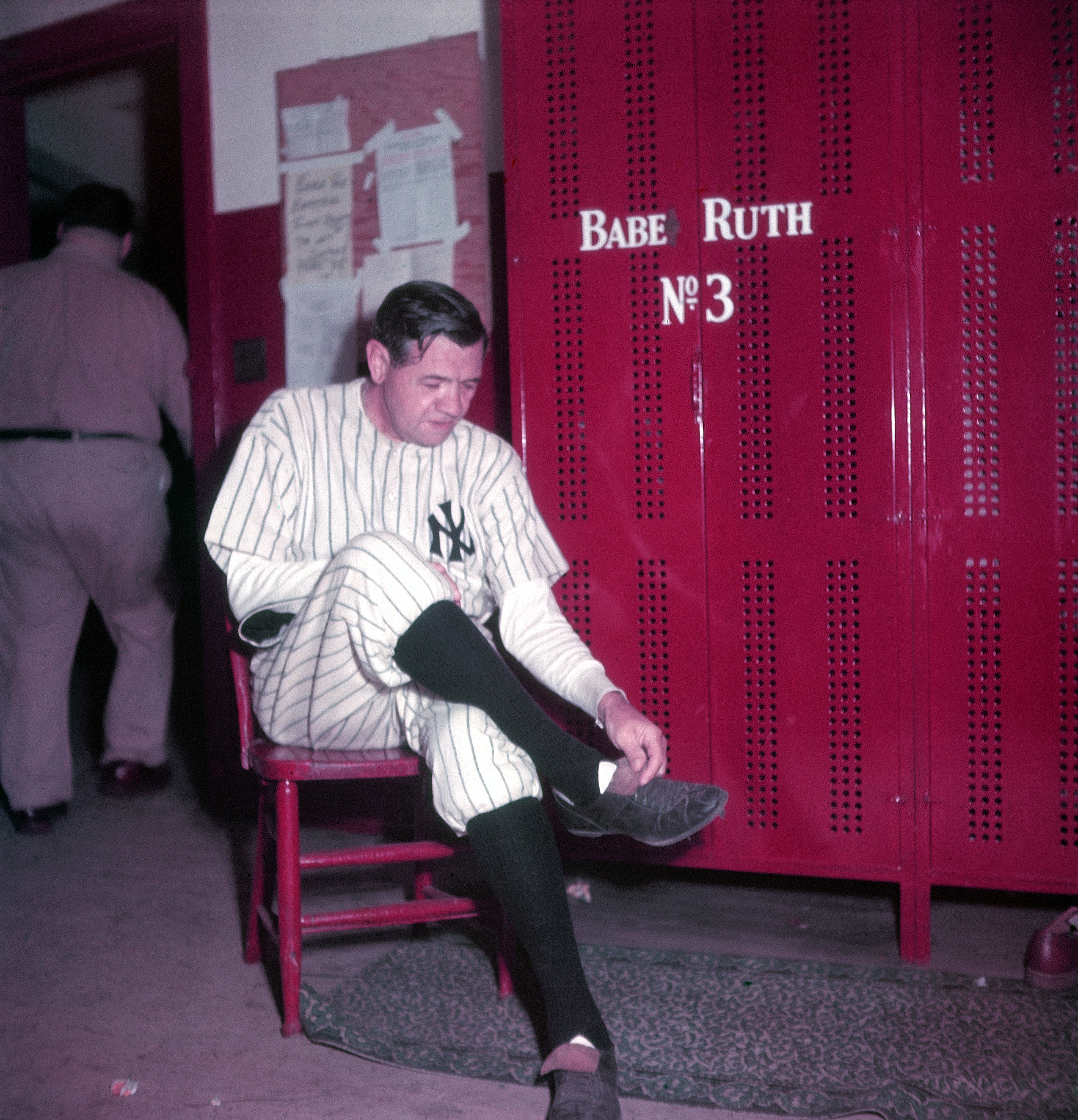 Babe Ruth in the locker room at Yankee Stadium, June 13, 1948, the day his number 3 was retired.