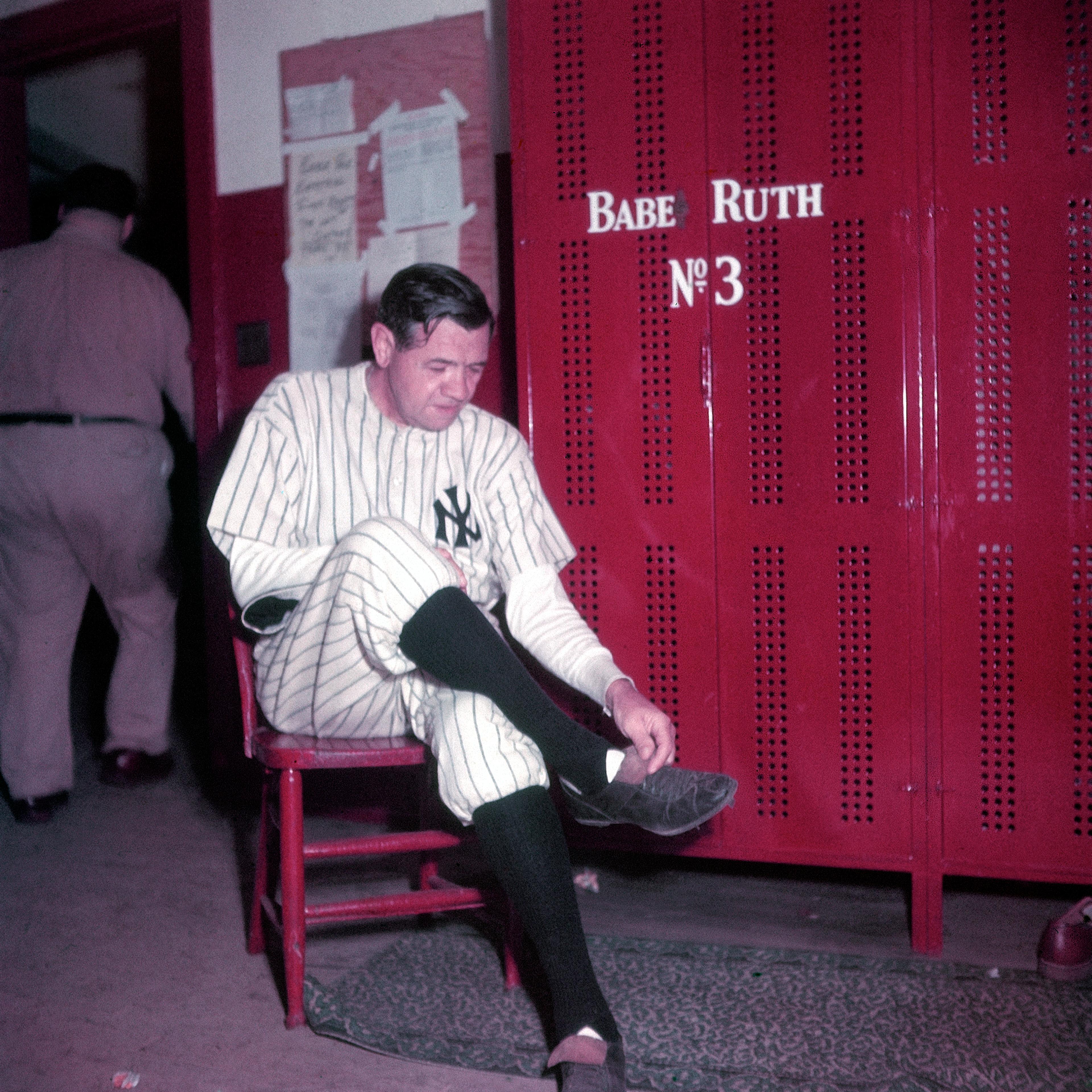 Babe Ruth in the locker room at Yankee Stadium, June 13, 1948, the day his number 3 was retired.